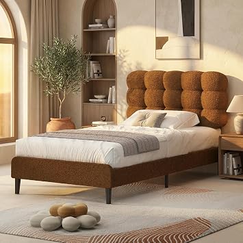 BarnFurin Twin Bed Frame, Soft Teddy Cloud Boucle Headboard, Brown | Removable Headboard, Fan-Shaped Stitching, Sturdy Metal Legs Support, Noise-Free, No Box Spring, Easy Assembly