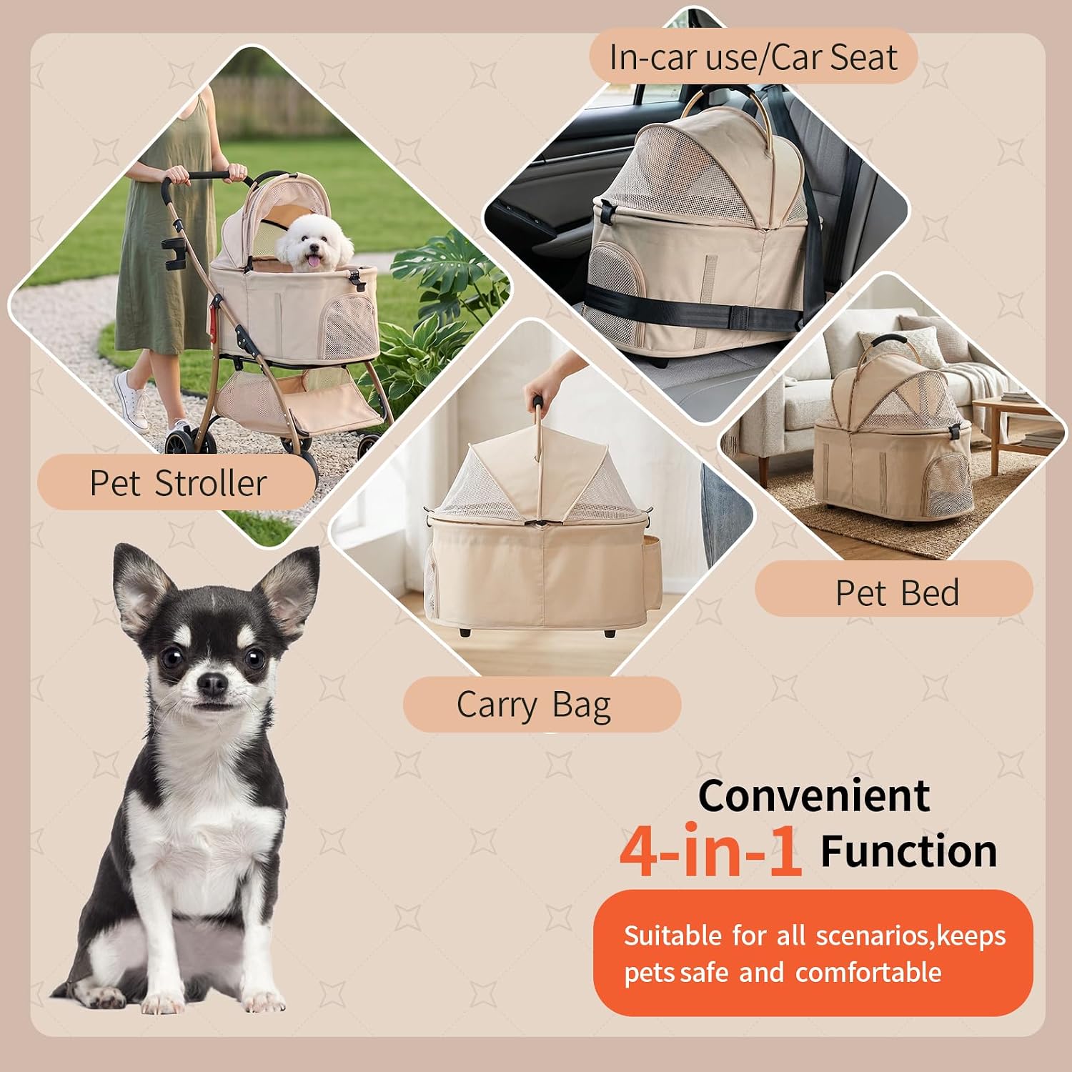 MILA&LOUIS Dog Stroller, 22" Pet Cradle for Small Dog, Pet Stroller with 4 Pu Wheels, 10Lbs Ultra-Light Dog&Cat Stroller for Small Pets, Max 22Lbs Capacity Detachable & Foldable Design with Cup Holder
