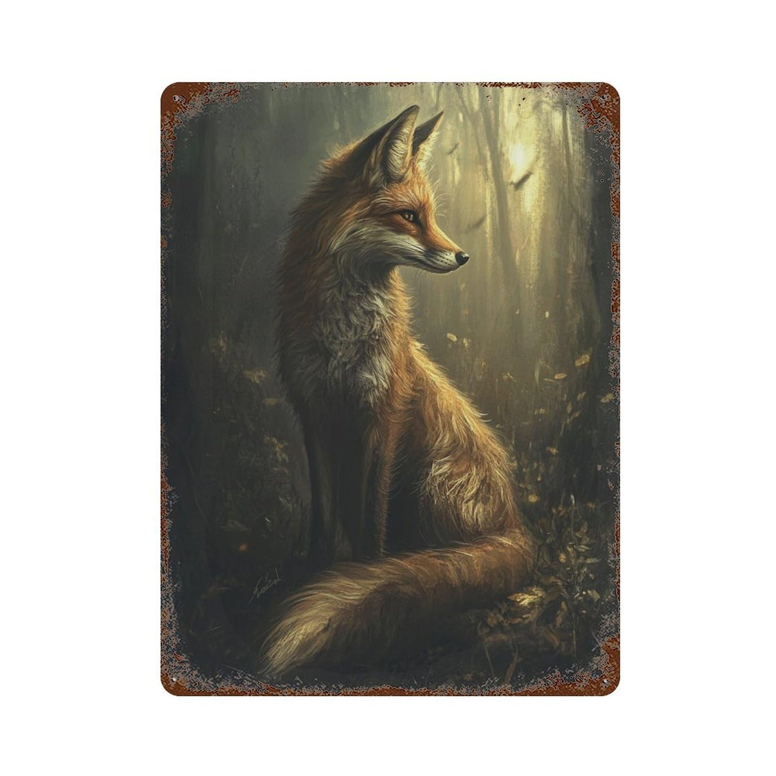 Fox in The Forest Decorative Tin Sign 15.7"x11.8", Old School Wall Decor for Garage, Pub Or Kitchen