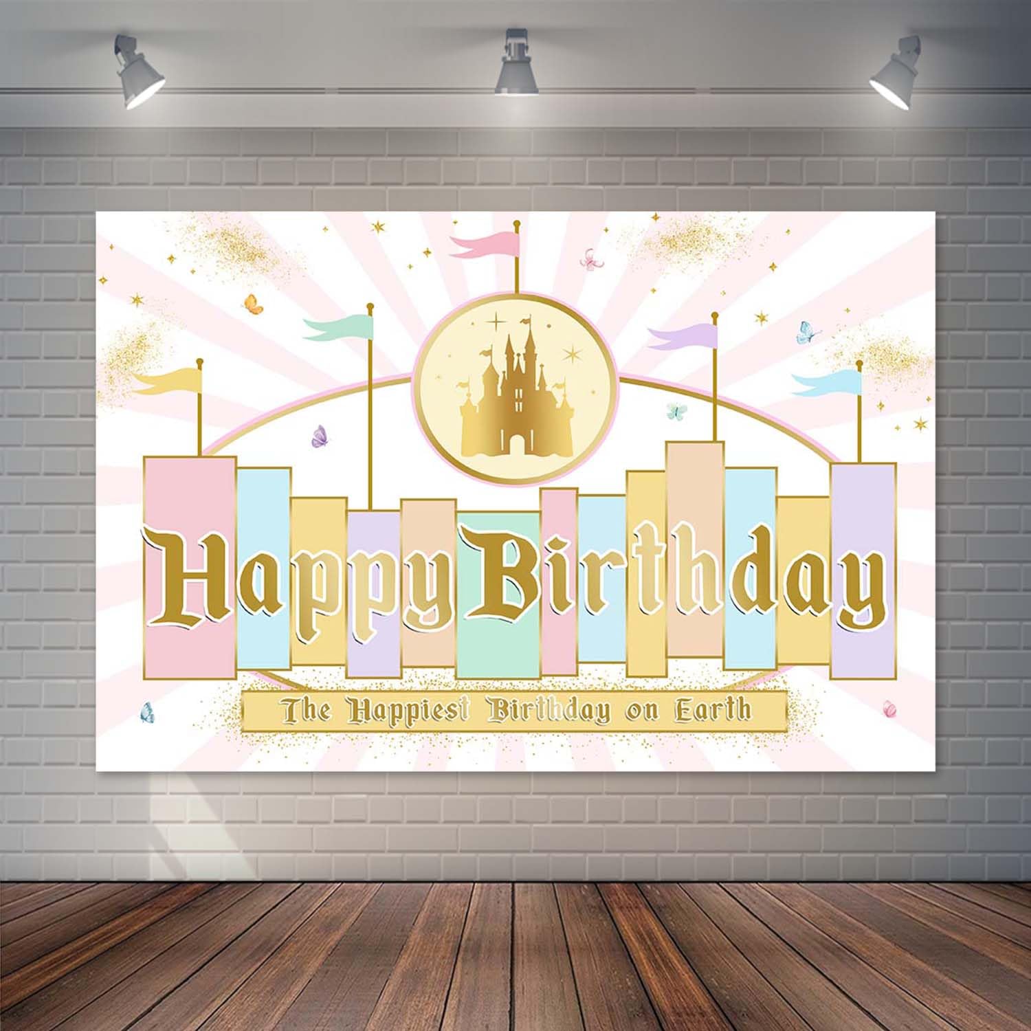 Joliaco Princess Castle Birthday Backdrop Pastel Rainbow Stripes Magical Background Gold Glitter Happiest Birthday On Earth Party Cake Table