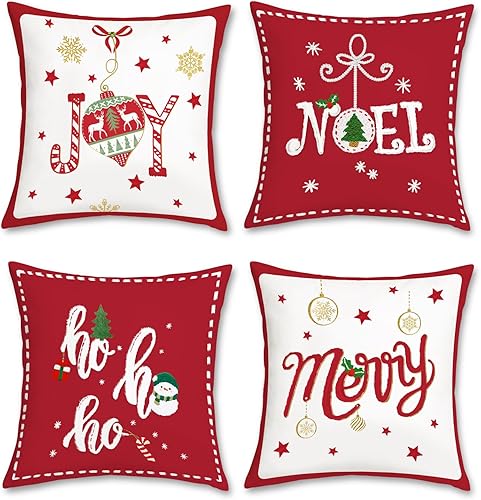 Bonhause Juego de 4 fundas de almohada rojas de Navidad de 18 x 18 pulgadas, almohadas decorativas de Navidad para sofá, cama, decoración del hogar