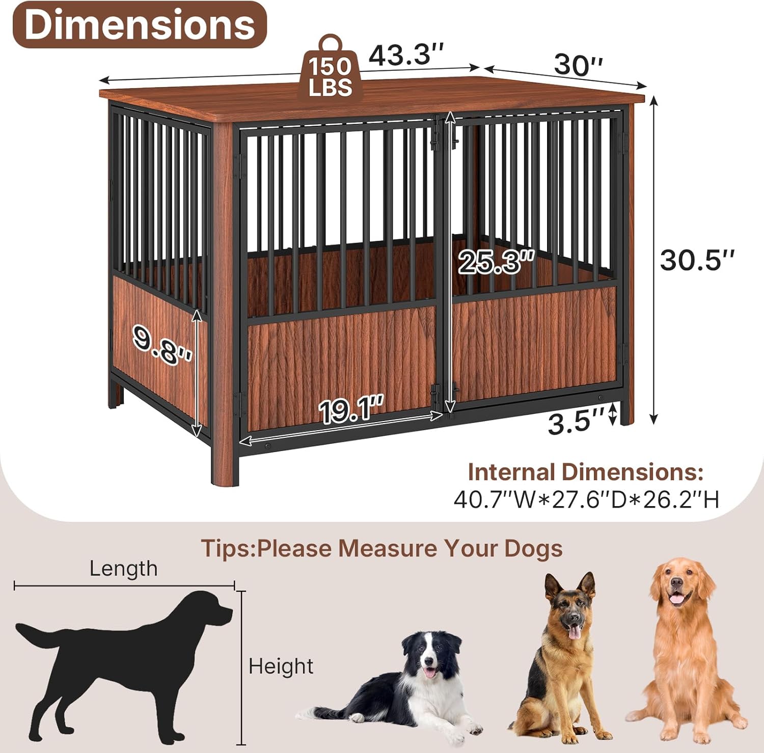 Rovibek 43'' Fluted Dog Crate Furniture, Modern Decorative Dog Crates End Table Indoor with 2 Doors, Wood Dog Furniture Crate for Medium to Large Dogs (43.3" L*30.5" W*30" H, Walnut)