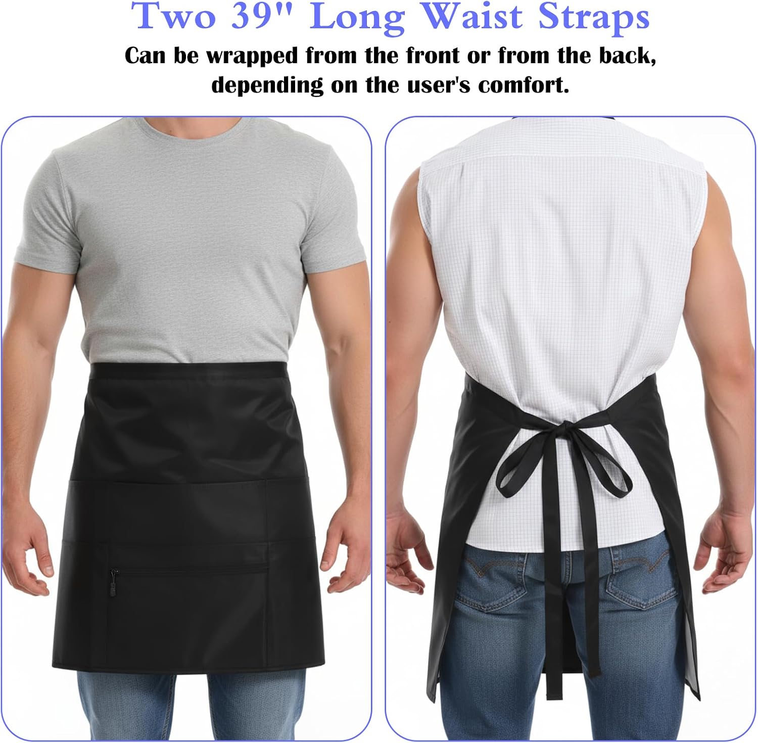 Black Waitress Apron with 8 Pockets, 20 Inch Long Water-Resistant Server Aprons, Waist Half Apron for Women Men, Waterproof Chef Aprons for Cooking Cleaning (20' x 27')