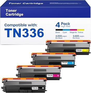 TN336 Toner Cartridge High Yield 4 Pack Replacement for Brother TN 336 331 | Compatible with Brother HL4150CDN HL-L8250CDN HL-L8350CDW HL-L8350CDWT DCP-L8400CDN DCP-L8450CDW B/C/M/Y