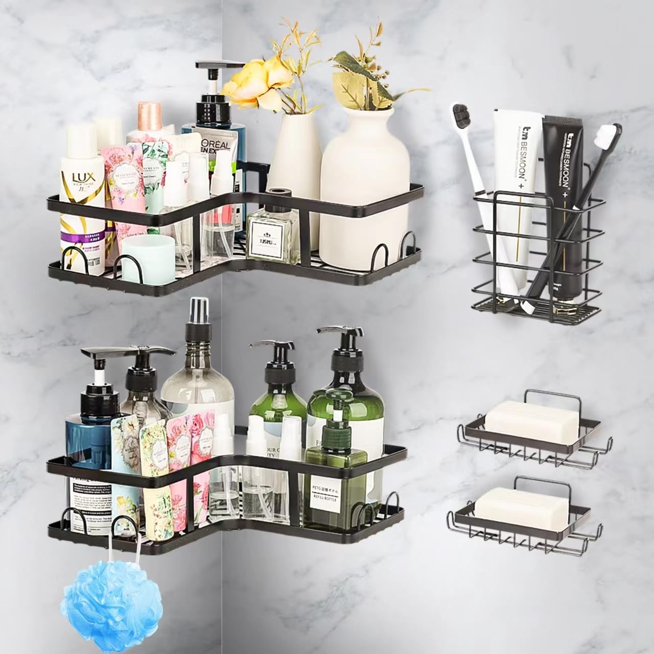 Amurhey 5-Pack Shower Caddy, Adhesive Bathroom Organizer, No Drilling, Rustproof Stainless Steel Shower Organizer for Bathroom & Kitchen Storage