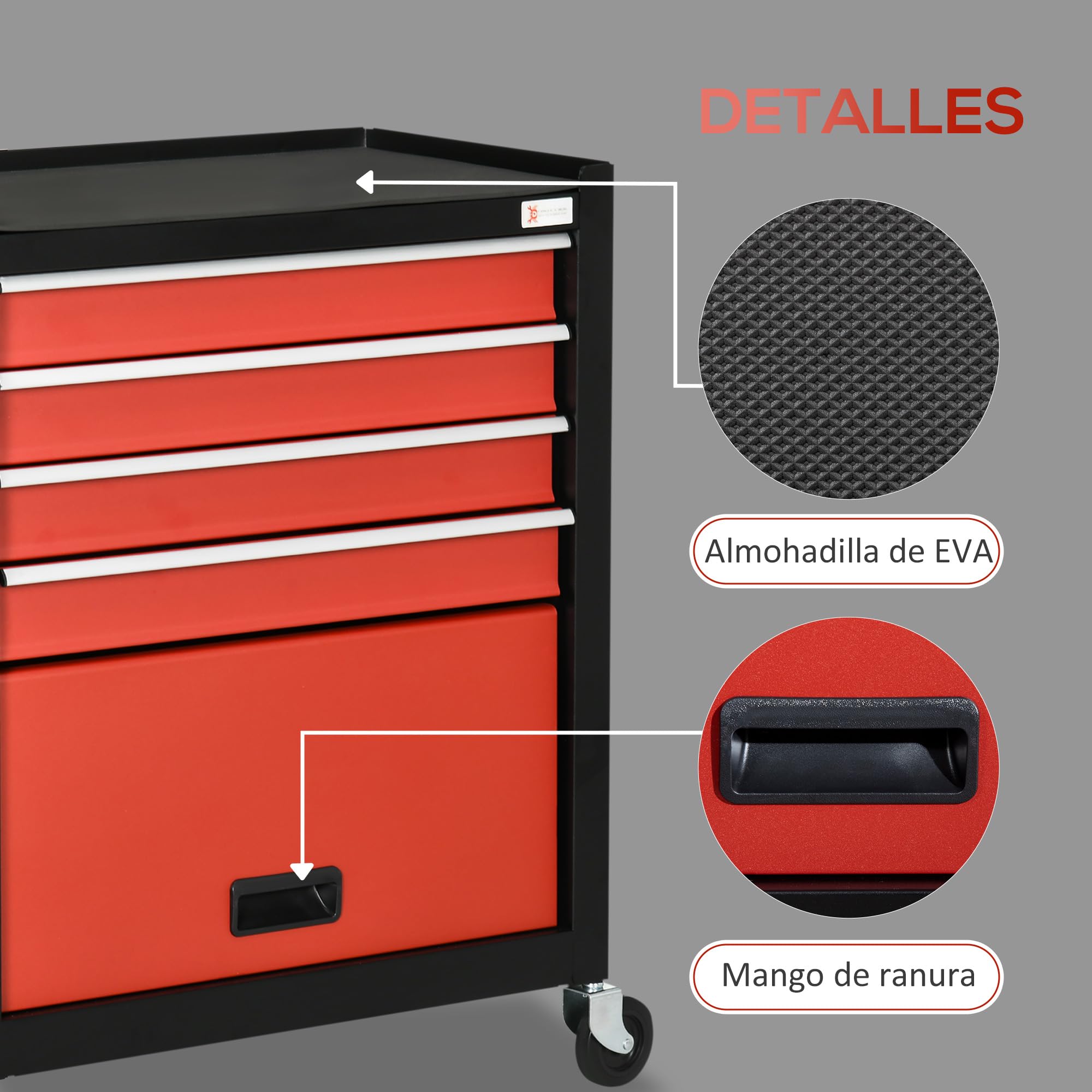 DURHAND Carro de Herramientas con Ruedas Taller Móvil con 1 Armario de Almacenamiento 1 Asa Lateral y 4 Cajones Carga 130 kg para Talleres Hogar 69x33x75 cm Negro y Rojo