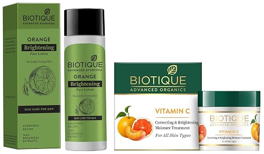 Biotique Vitamin C Correcting and Brightening Non Greasy Face Cream for All Skin Types, 50g & Biotique Bio Orange Whitening Face Lotion for Men, 120ml