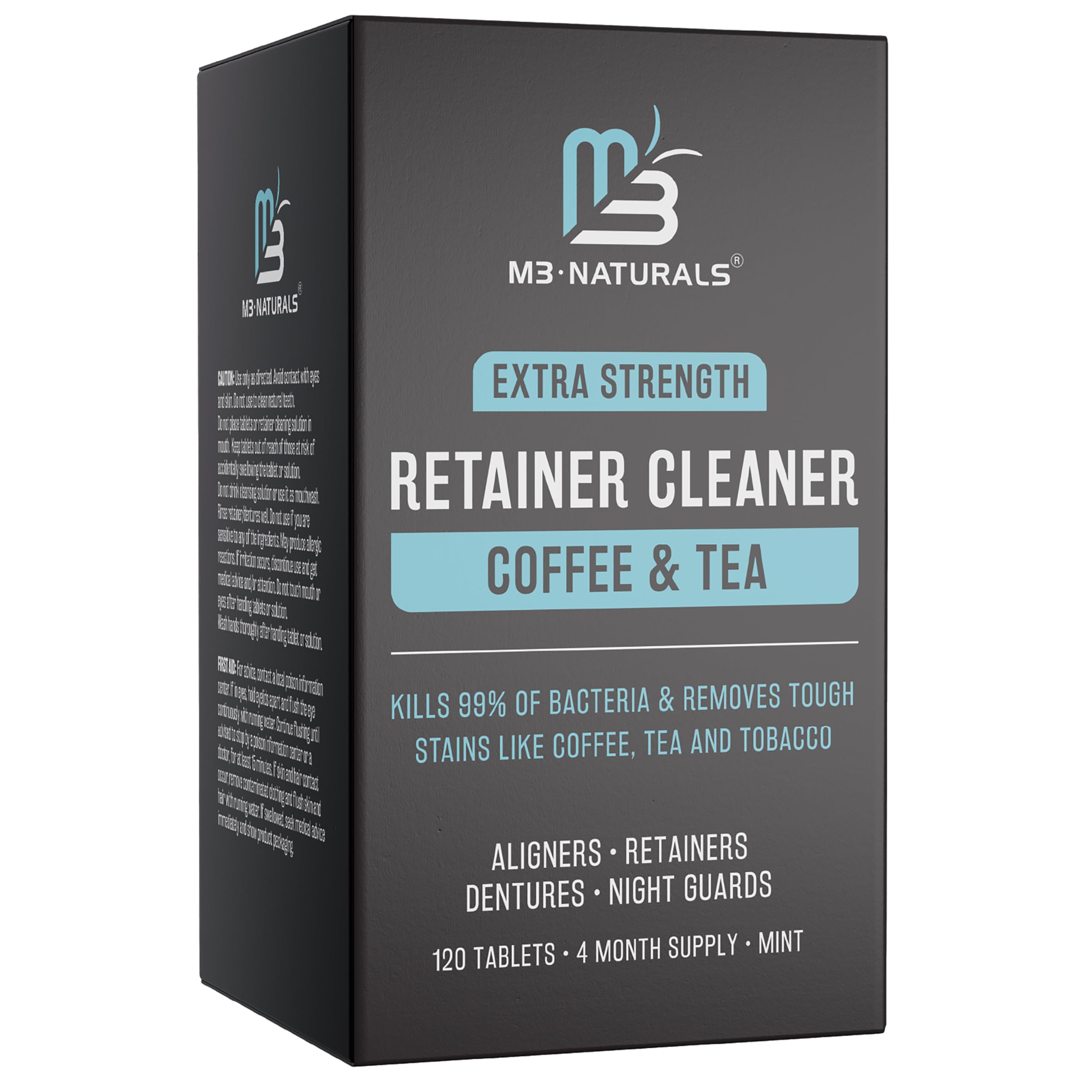 Coffee and Tea Retainer Cleaner Tablets, Removes Odors, Stains, and Plaque, 4-Month Supply, Denture Cleanser for Caffeine Enthusiasts, 120 Tablets by M3 Naturals