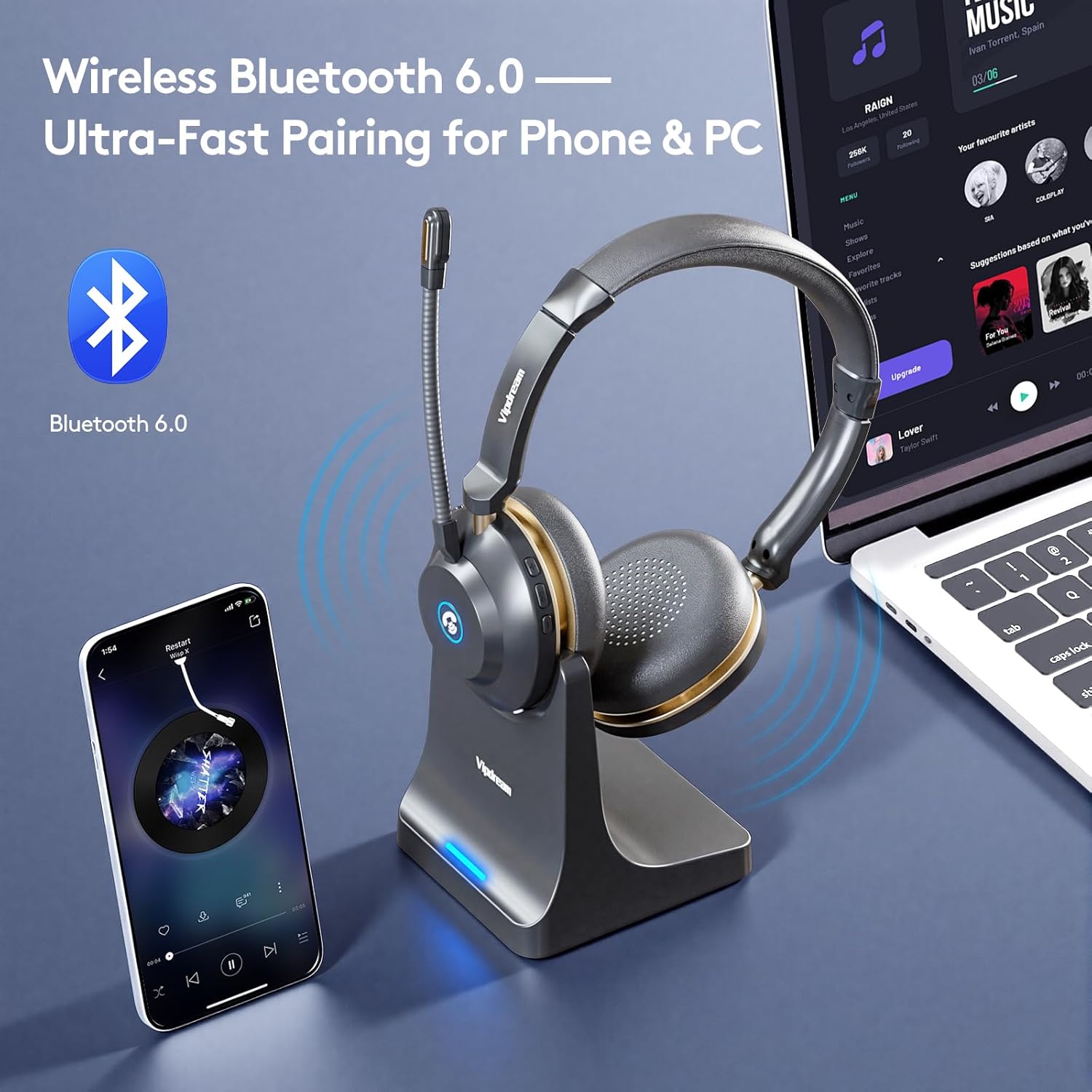 Wireless Headset with Mic for Work,6.0 Bluetooth Headset with Microphone,45 Hours Worktime & Mute Button,Headset with Mic for Pc,iPhone,Computer,Remote Work,Office,Home,Zoom,Skype - Image 3
