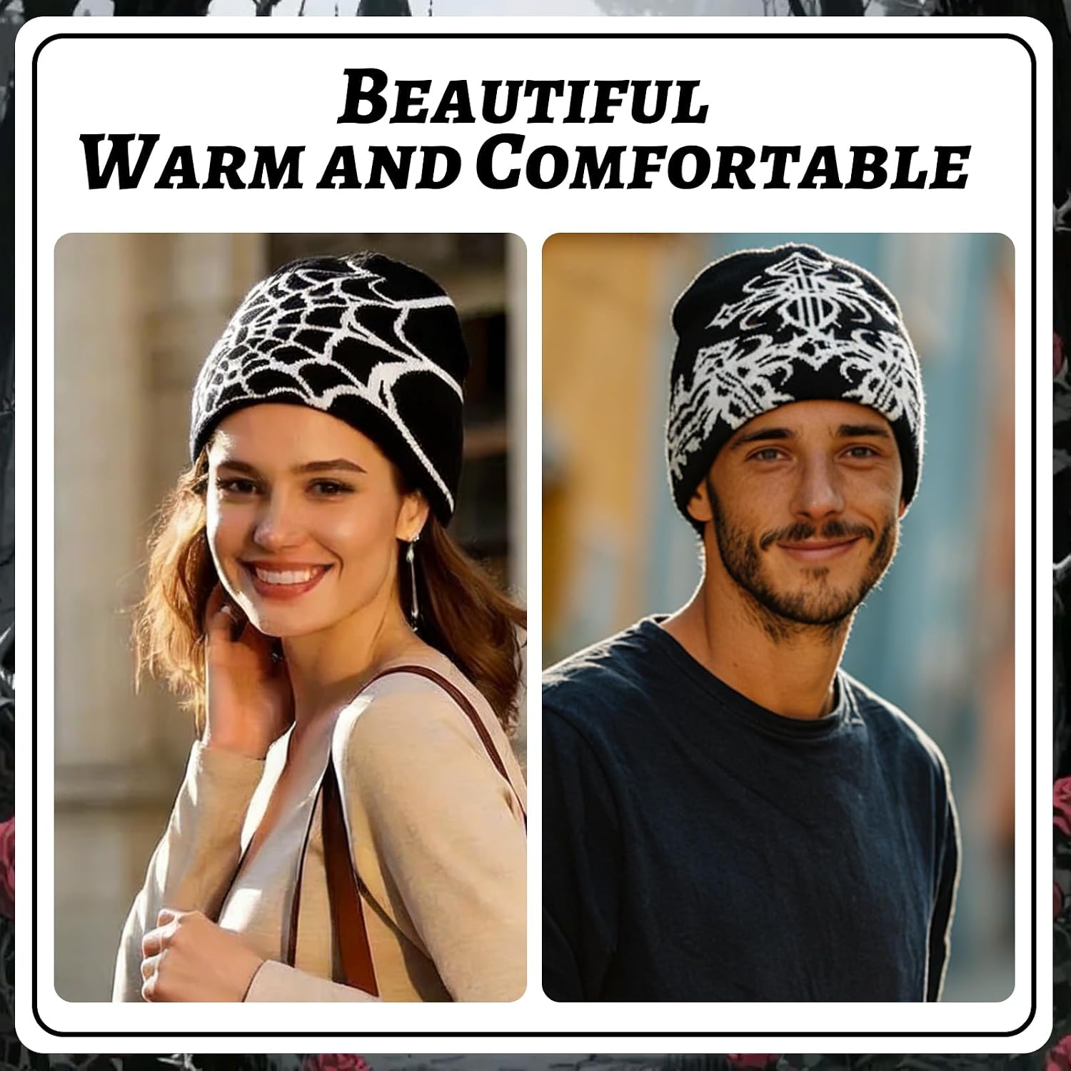 6 PCS Y2K Knitted Beanies Men Women Gothic Graphic Casual Beanie Spider Web Star Letters Cross Pattern Cross Knit Hat Trend Streetwear Outdoor Sports Black