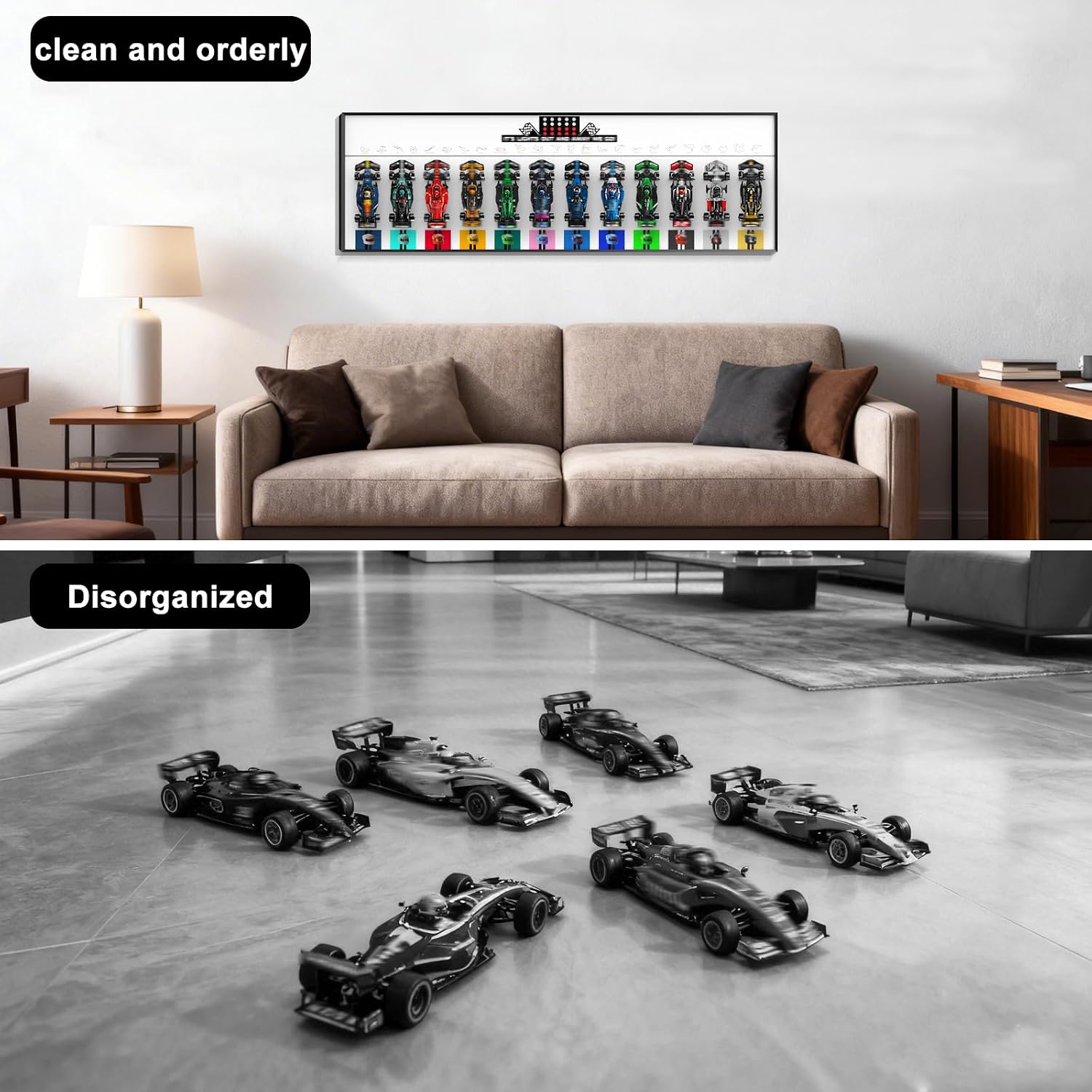 Display Wallboard Compatible with Lego Speed Champions F1 12-in-1 Race Cars, Car Wall Mount for Sets 77242–77252 & 77259 with UV Printed Racetrack Design- Ideal Gift for Fans, No Car Included (White)