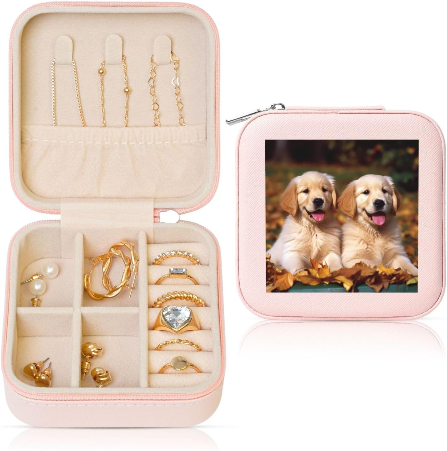 Jewelry Box for Women Leather Travel Jewelry Case Golden Retriever dogs puppies pets Portable Jewelry Organizer Box Mini Jewelry Travel Case with Zipper for Earrings Bracelets Rings Necklace