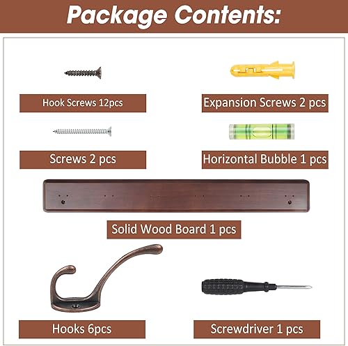 Miniatura 6 de Ganchos para abrigos de 23.6 pulgadas para montar en la pared, 6 ganchos vintage de madera maciza para sombreros, bolsos, llaves, ropa, mochilas
