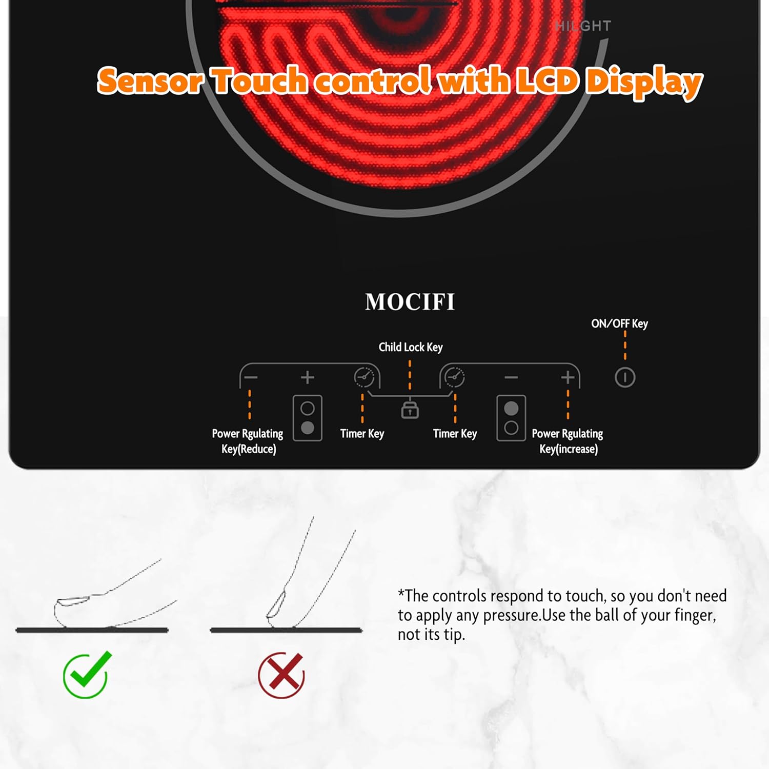 12" Ceramic Cooktop with 120V Plug, Electric Cooktop 1700W 2-Burner, Touch Control with Timer & Child Lock, Built-in or Countertop