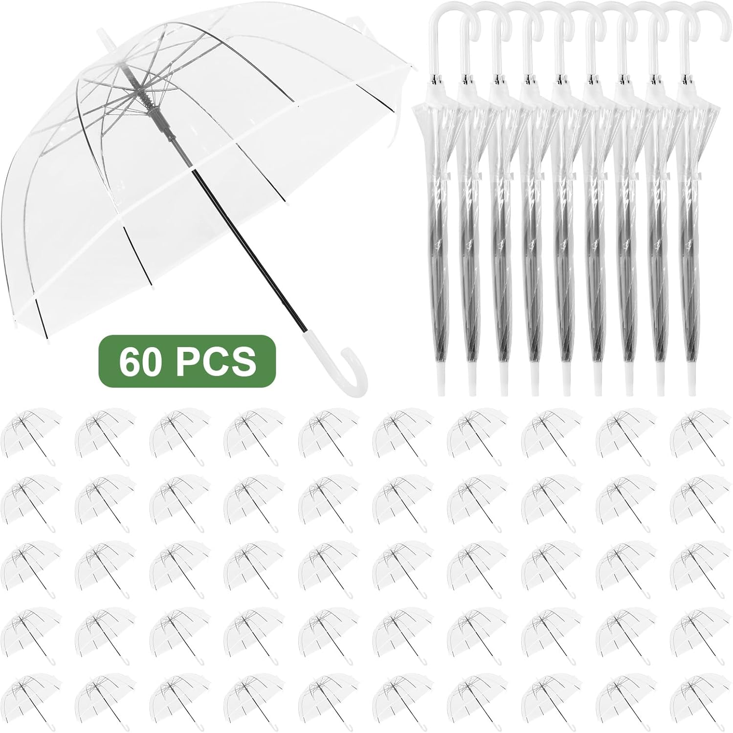 60pcs Auto Open Clear Dome Umbrella Wedding Clear Bubble Umbrella Bulk Large Dome Rain Windproof Stick Umbrellas for Weddings Prom Graduation and Outdoor Events(White)