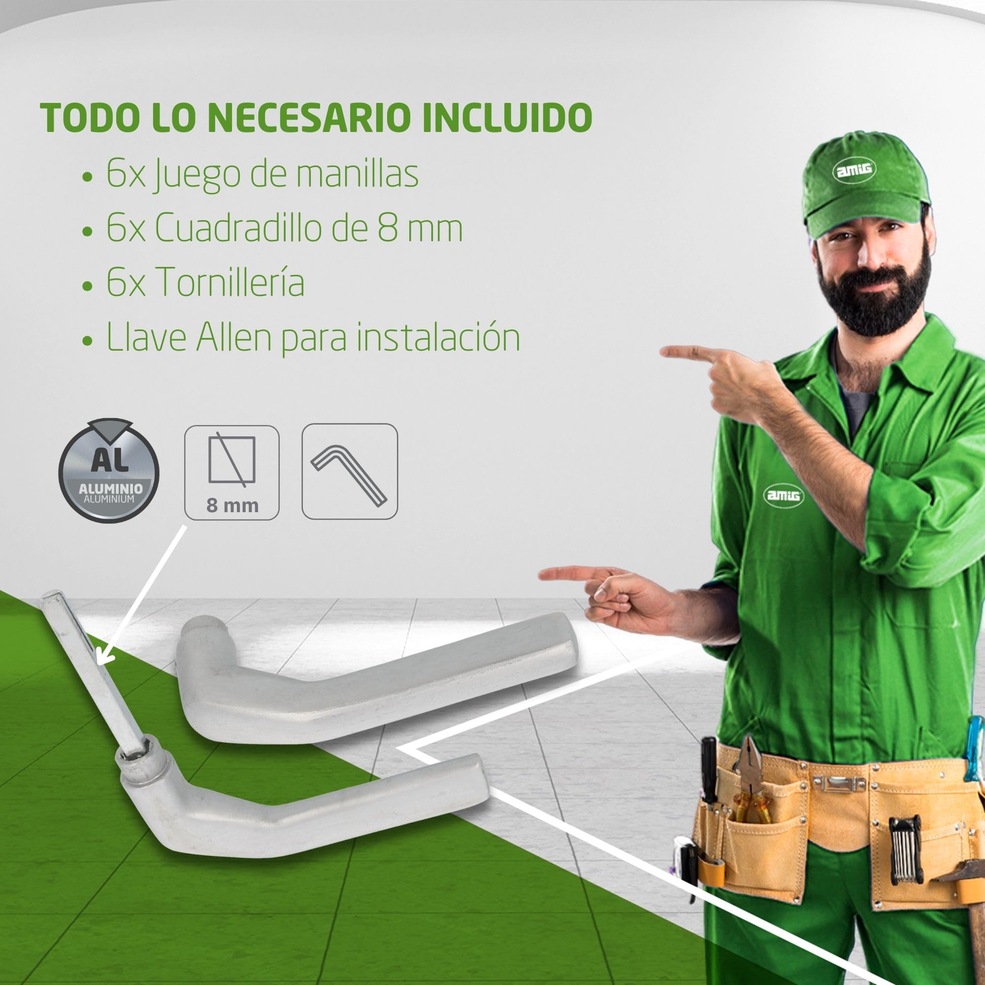 Amig - Set de 6 Juegos de Manillas sin roseta Plateado mate de Aluminio - 130 x 61 mm - Mod. 2113 - Cuadradillo 8 mm - Para puertas de 35 a 65 mm