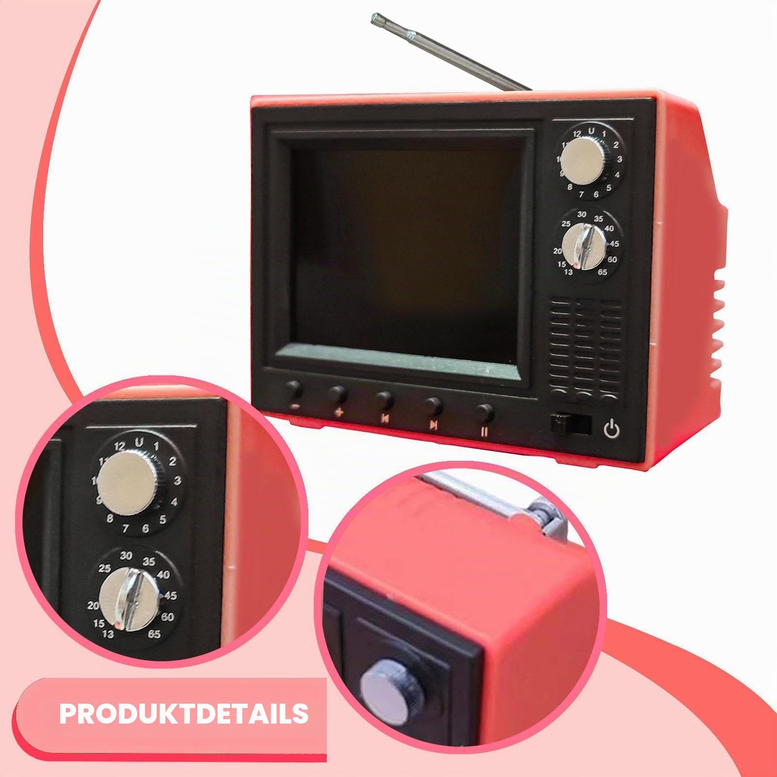 Sharplace Puppenhaus-Fernseher im Maßstab 1:12, winziger, spielbarer Fernseher im Retro-Stil für Mädchenpuppen, Geschenk, Puppenhausmöbel-Zubehör, Rot