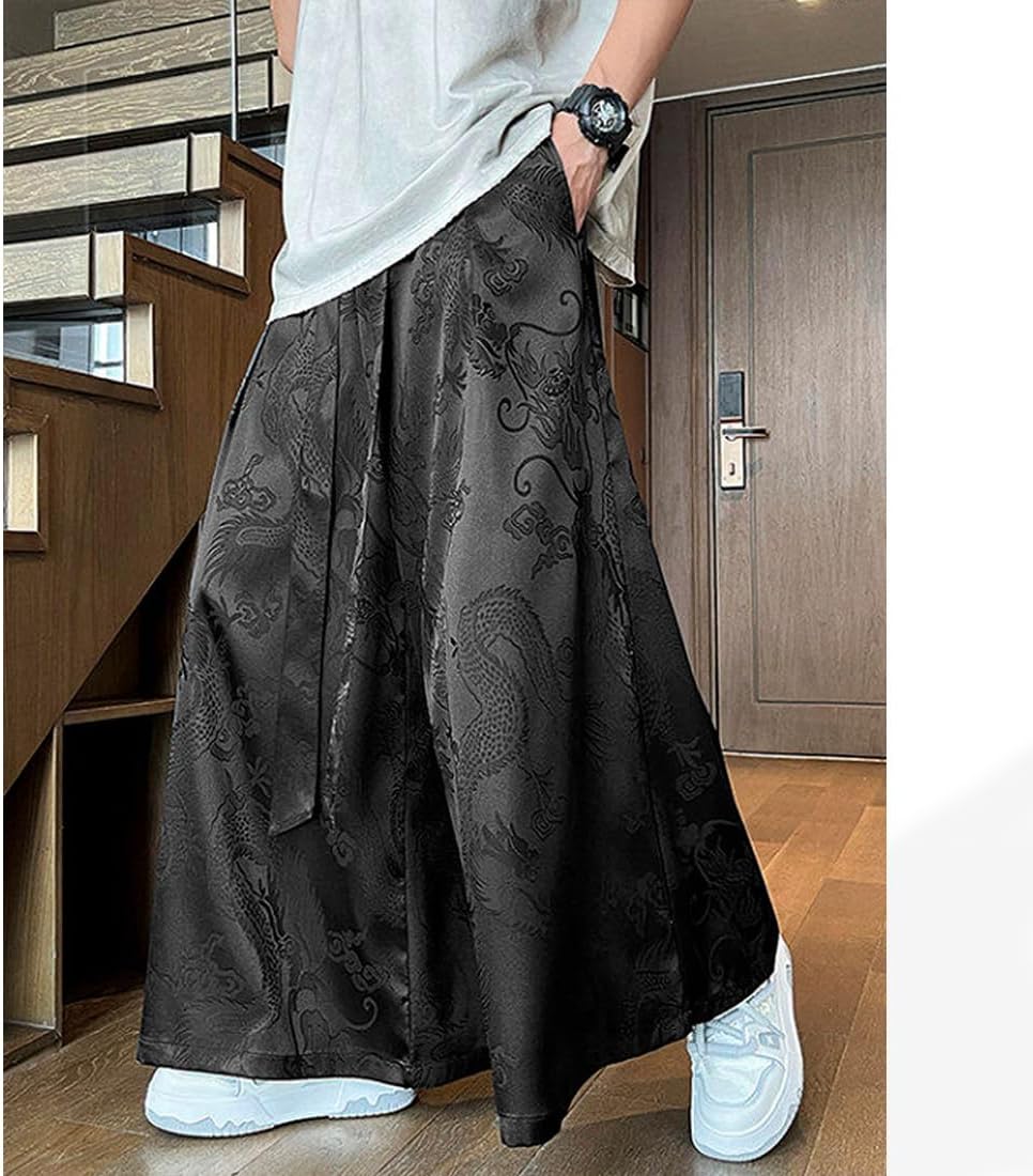 HZCX FASHION Mens Womens Baggy Relax Wide Leg Palazzo Pant Dragon Satin Kung Fu Slacks Casual Trousers Lightweight Yoga Pants