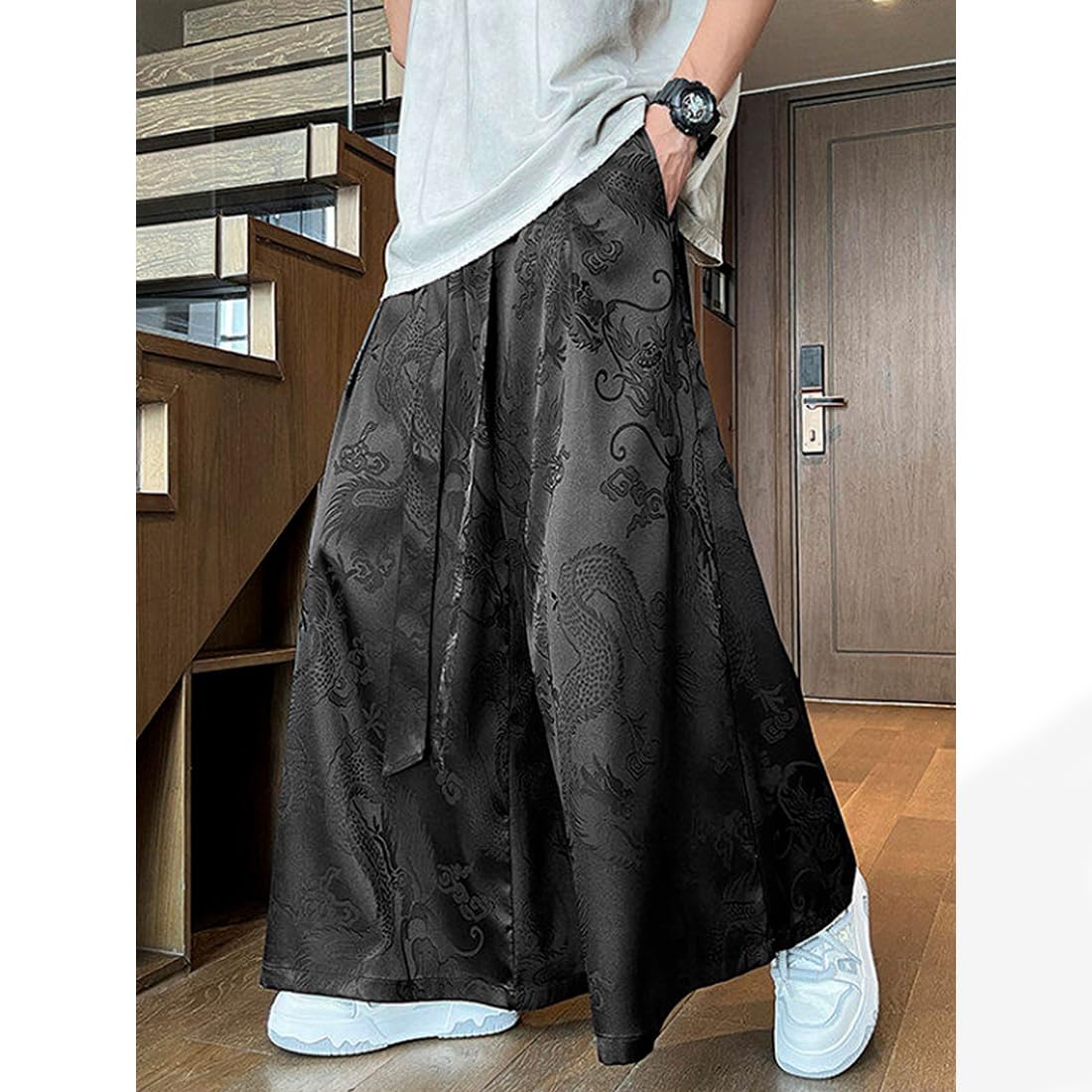 HZCX FASHION Mens Chinese Dragon Jacquard Satin Pants Flowy Baggy Extra Wide Leg Palazzo Pants Kung Fu Hanfu Skirt Trousers(Black,X-Large)