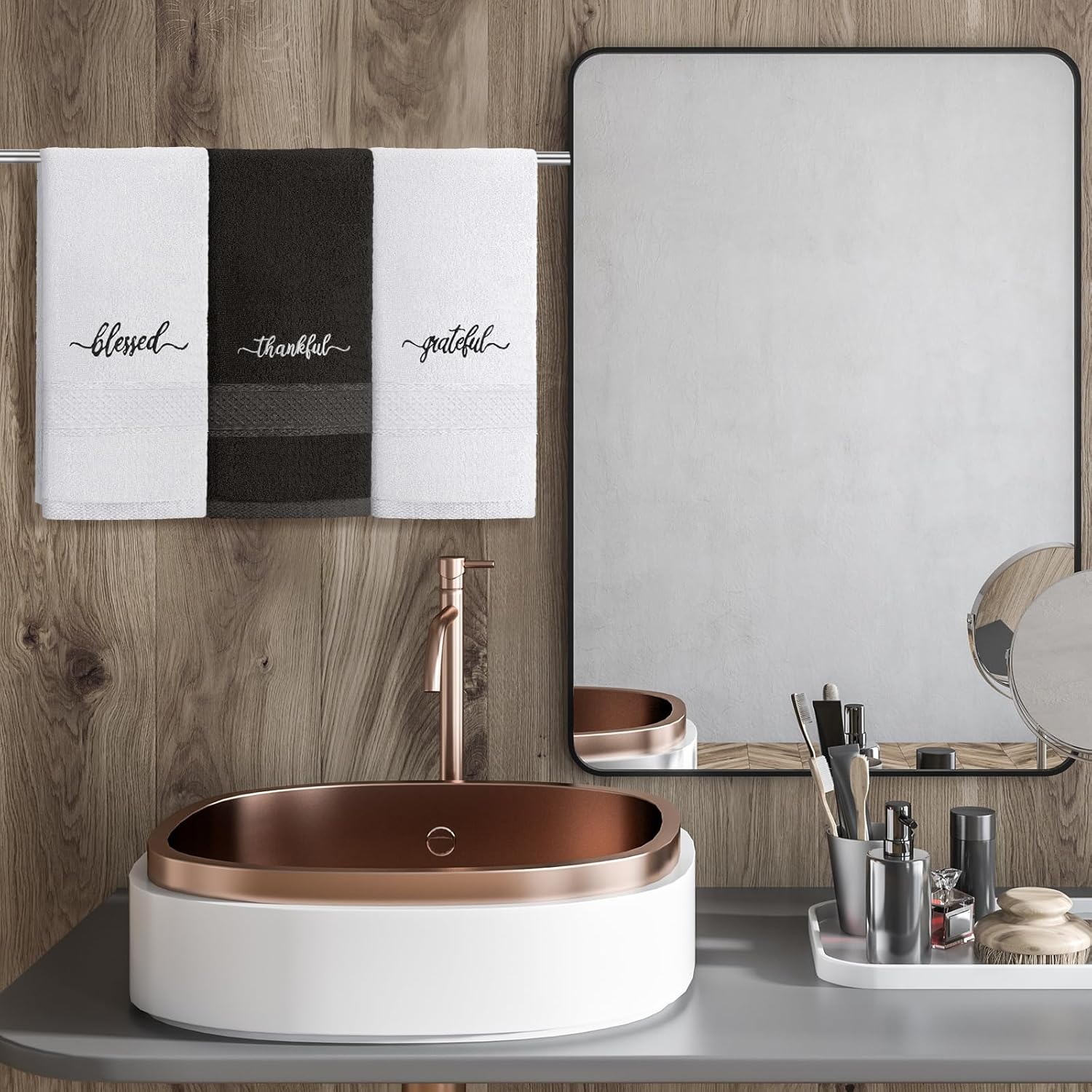 Peryiter 3 Pcs Farmhouse Bathroom Decor Hand Towels 14x29 Inch Cotton Bath Towels Rustic Embroidered for Boho Kitchen Decor Inspirational Christian Gift(Black and White,Blessed Thankful Grateful) - Image 4