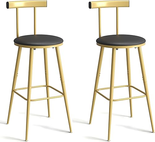 Taburetes de bar, juego de 2 taburetes de cocina altos, sillas de bar con respaldo y reposapiés, taburetes industriales con asiento suave de PU,
