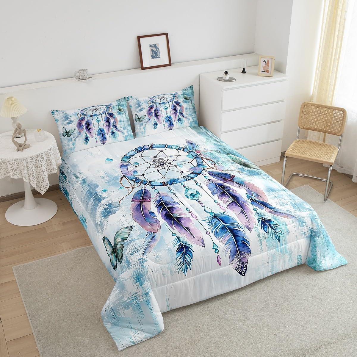Erosebridal Bohemian Dream Catcher Queen Size Comforter Set for Girls Women Ombre Blue Bedding Set, Boho Gradient Feather Down Comforter Chic Butterfly Bed Set, Abstract Aesthetic Quilted Duvet