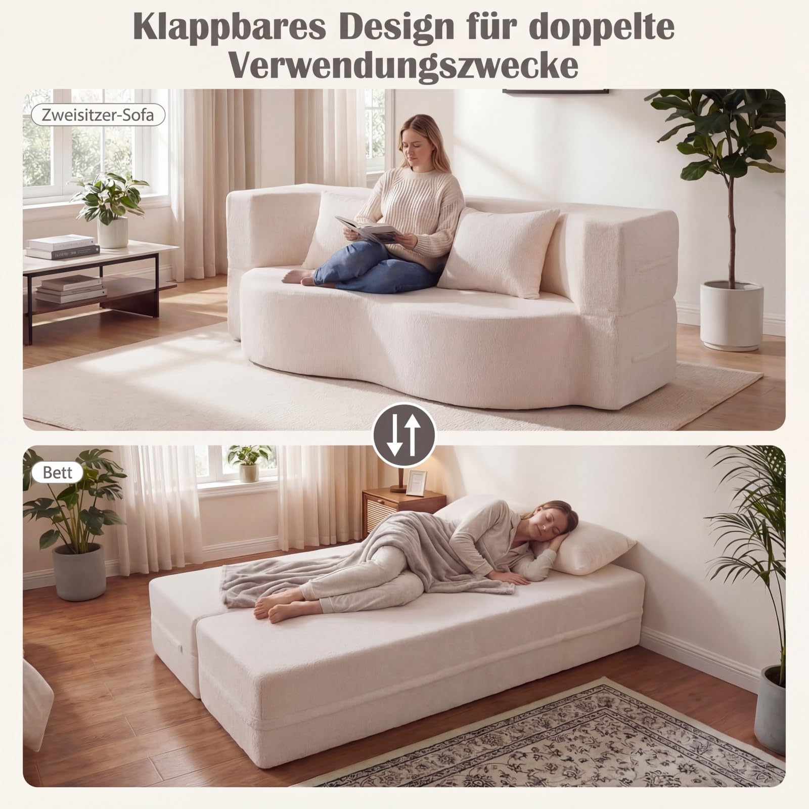 COSTWAY sofa rozkładana, bezresorowe sofa do spania z 2 wygodnymi poduszkami i pianką memory, sofa z podłogą z pluszowym polarem z funkcją spania, sofa do spania do salonu, do pokoju gościnnego
