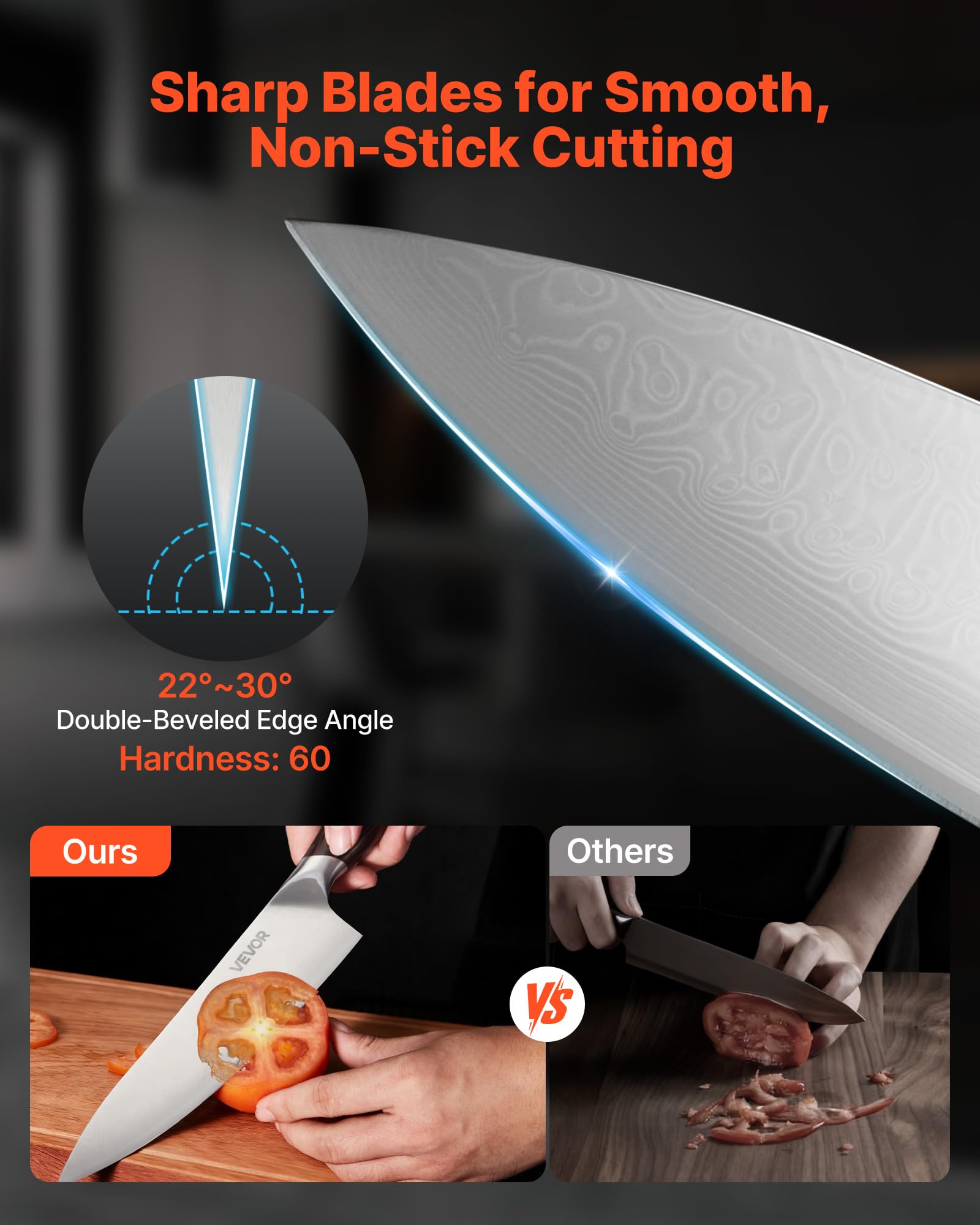 VEVOR Set di Coltelli da Cucina da 5 Pezzi, in Acciaio Inossidabile ad Alto Tenore di Carbonio, Coltello da Cucina con Impugnatura Ergonomica e Resistente alla Rottura per un Taglio Preciso