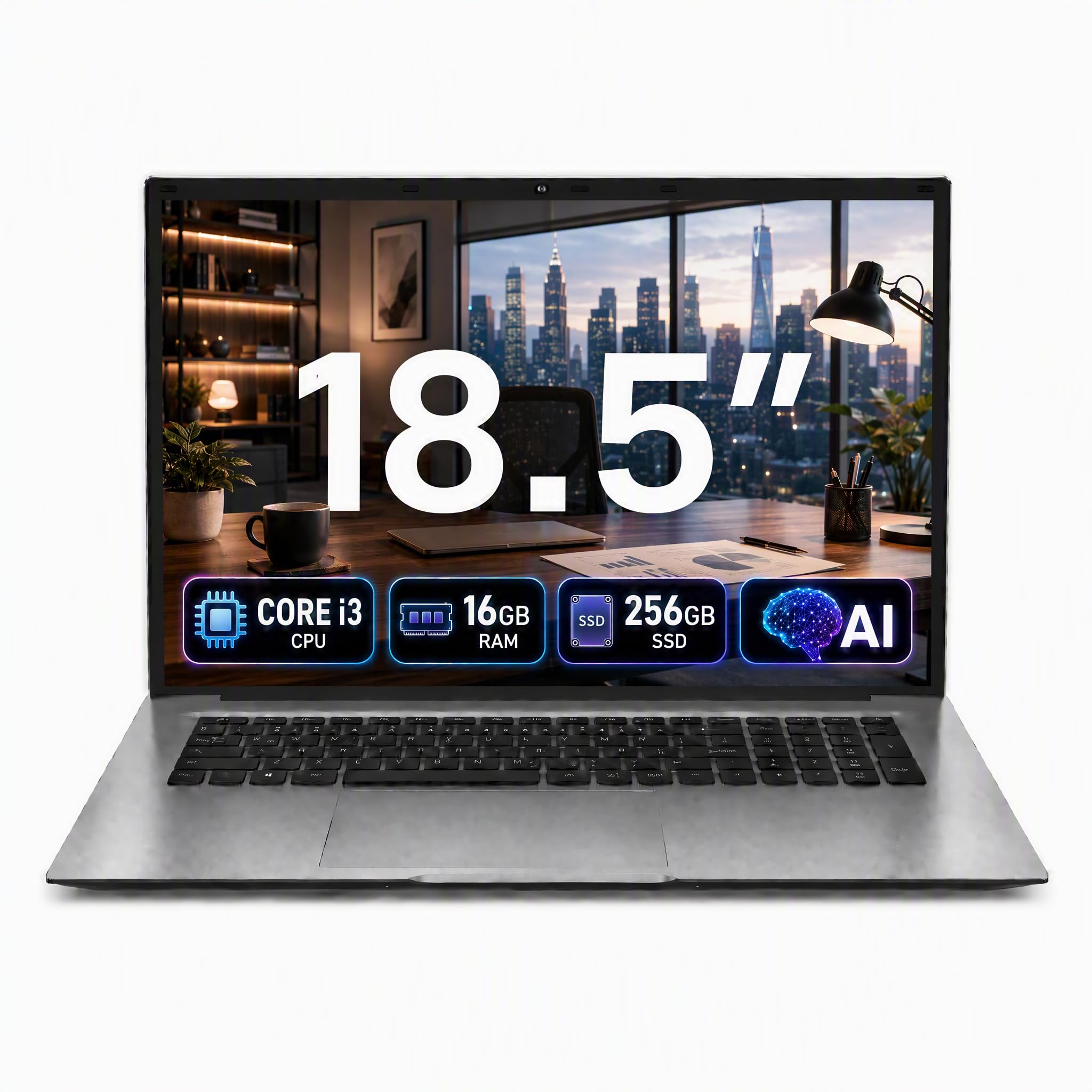18,5 Zoll Laptop FHD Display, 16GB RAM 256GB SSD AI-Unterstützung, Core I3, WiFi 6, Vollfunktions Type-C, Deutsche Tastatur Ideal für Studium, Homeoffice und Business