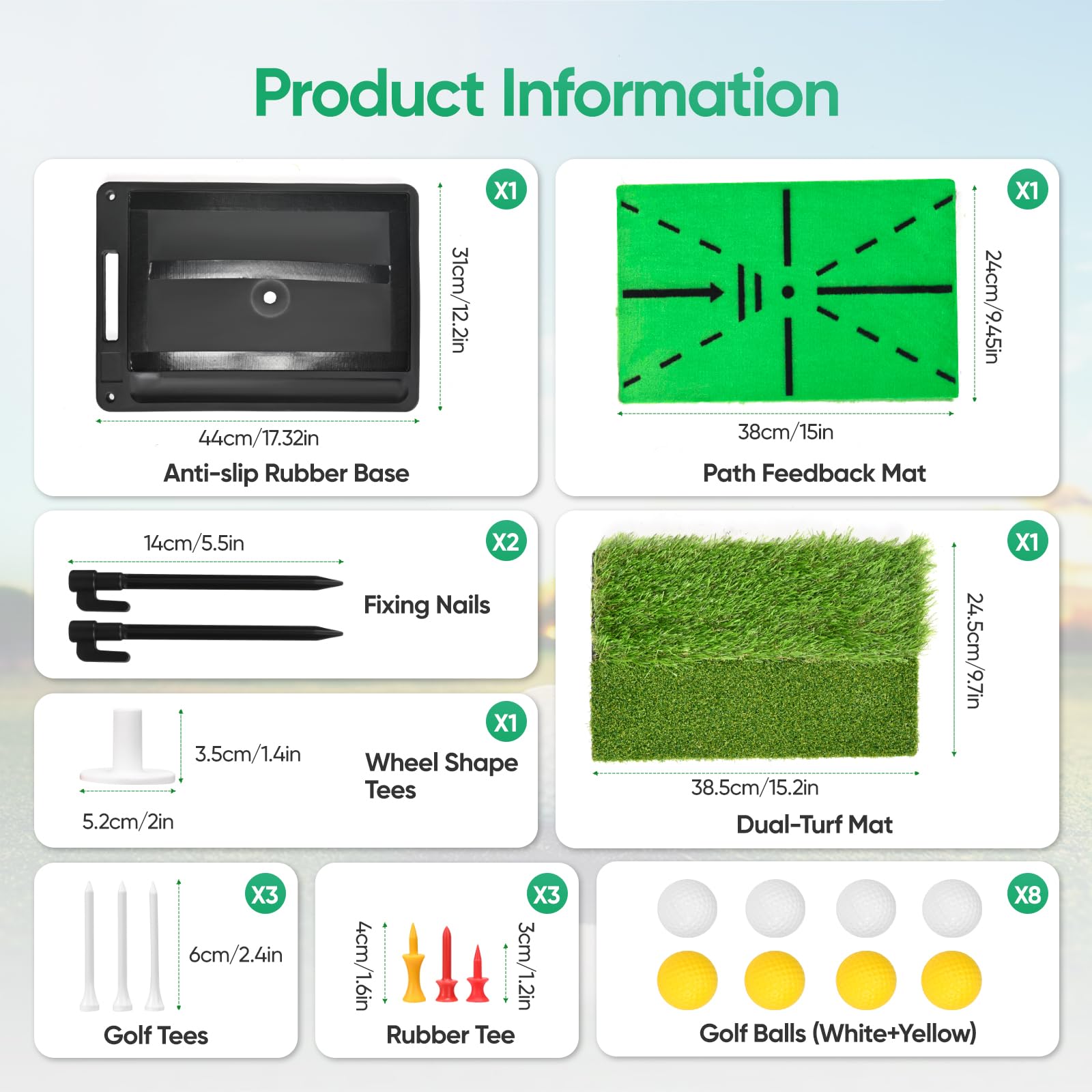 Golf Abschlagmatte, 38.5x24.5cm Golf Übungsmatte mit Dual-Turf (35mm Rough & 10mm Fairway), Schwungbahn-Feedback, Komplettes Trainingsmatte Set inkl. 8 Bällen + 7 Tees, für Indoor/Outdoor