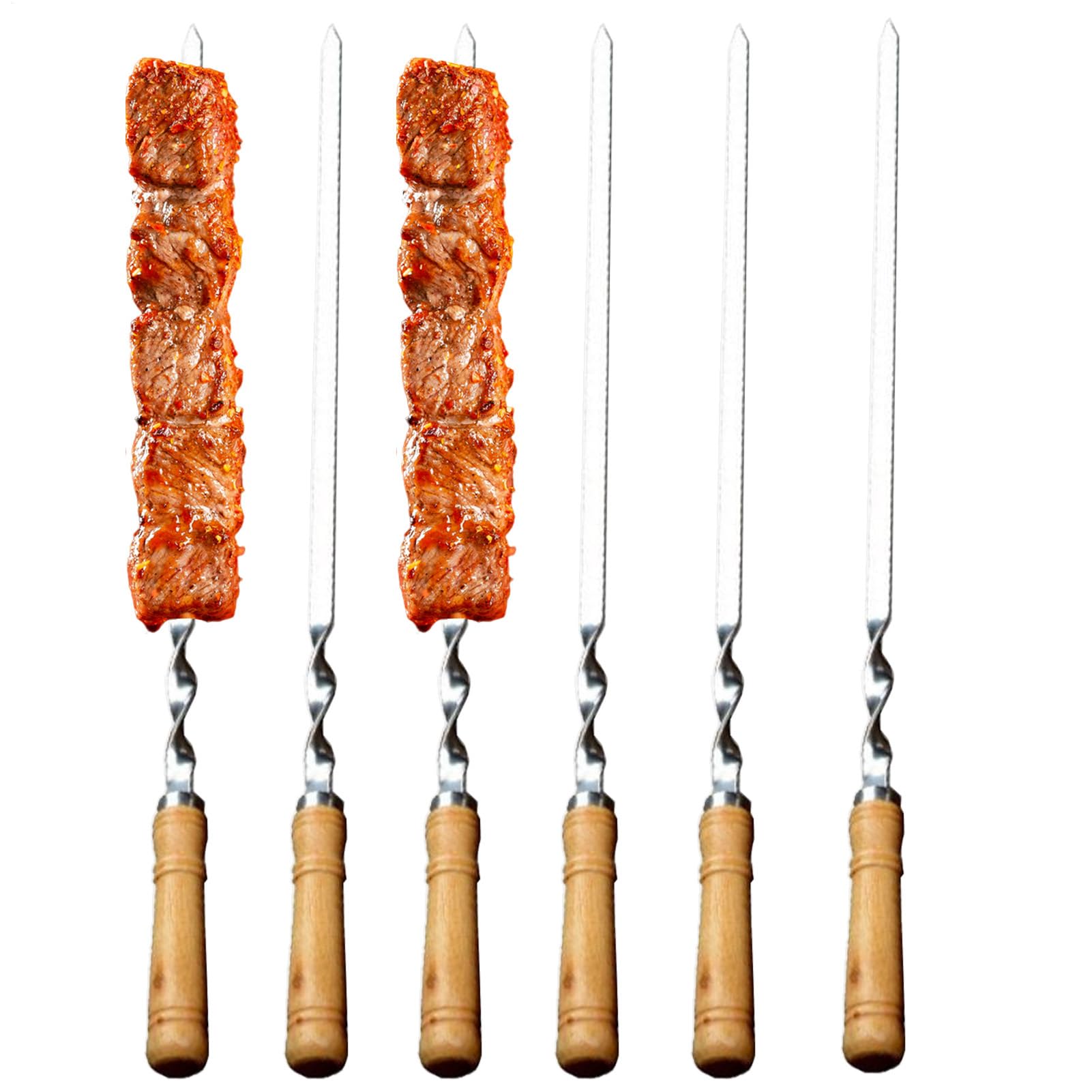 Pinchos para barbacoa planos de acero inoxidable para fijar carne y verduras, 6 uds