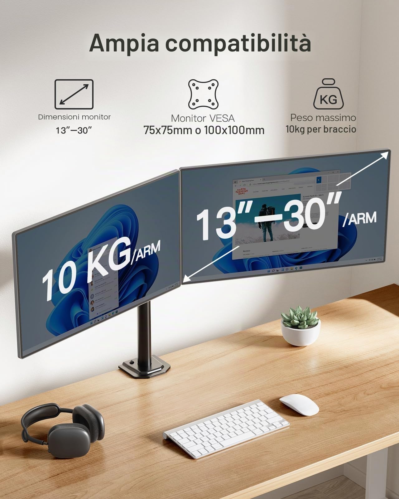HUANUO Supporto per doppio monitor per due schermi da 13 a 30 pollici, supporto per scrivania con braccio per monitor regolabile fino a 10 kg, VESA 75x75 100x100
