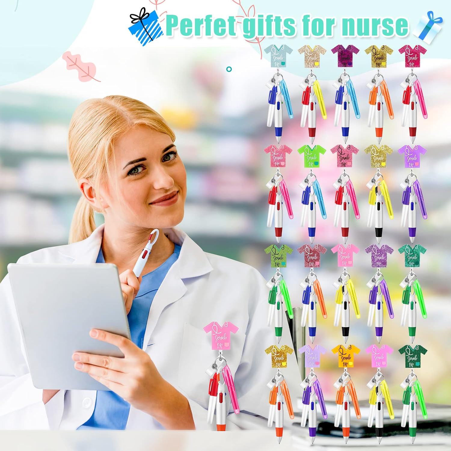 Sasylvia 80 Pcs Nurse Badge Reel Bulk Nursing Badge Accessories with Mini Highlighter Pen Marker Retractable Ball Pen Keychain Clip for Doctor Medical Assistant CNA Week Appreciation Gifts