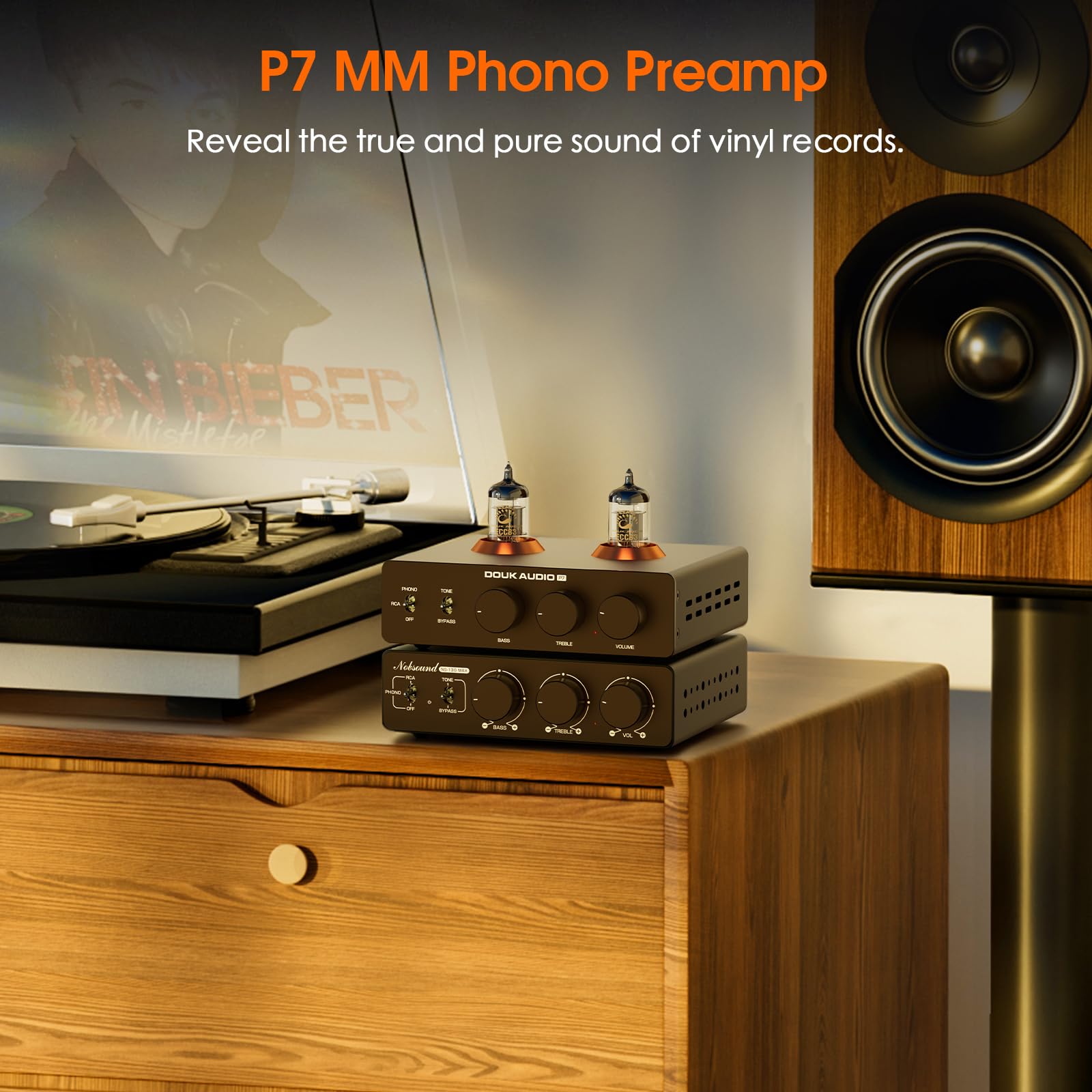 Douk Audio P7 Phono Preamplificador: ECC83 Preamplificador de tocadiscos de tubo con salida XLR equilibrada, filtro de paso alto, control de graves y agudos, bypass para reproductor de discos MM