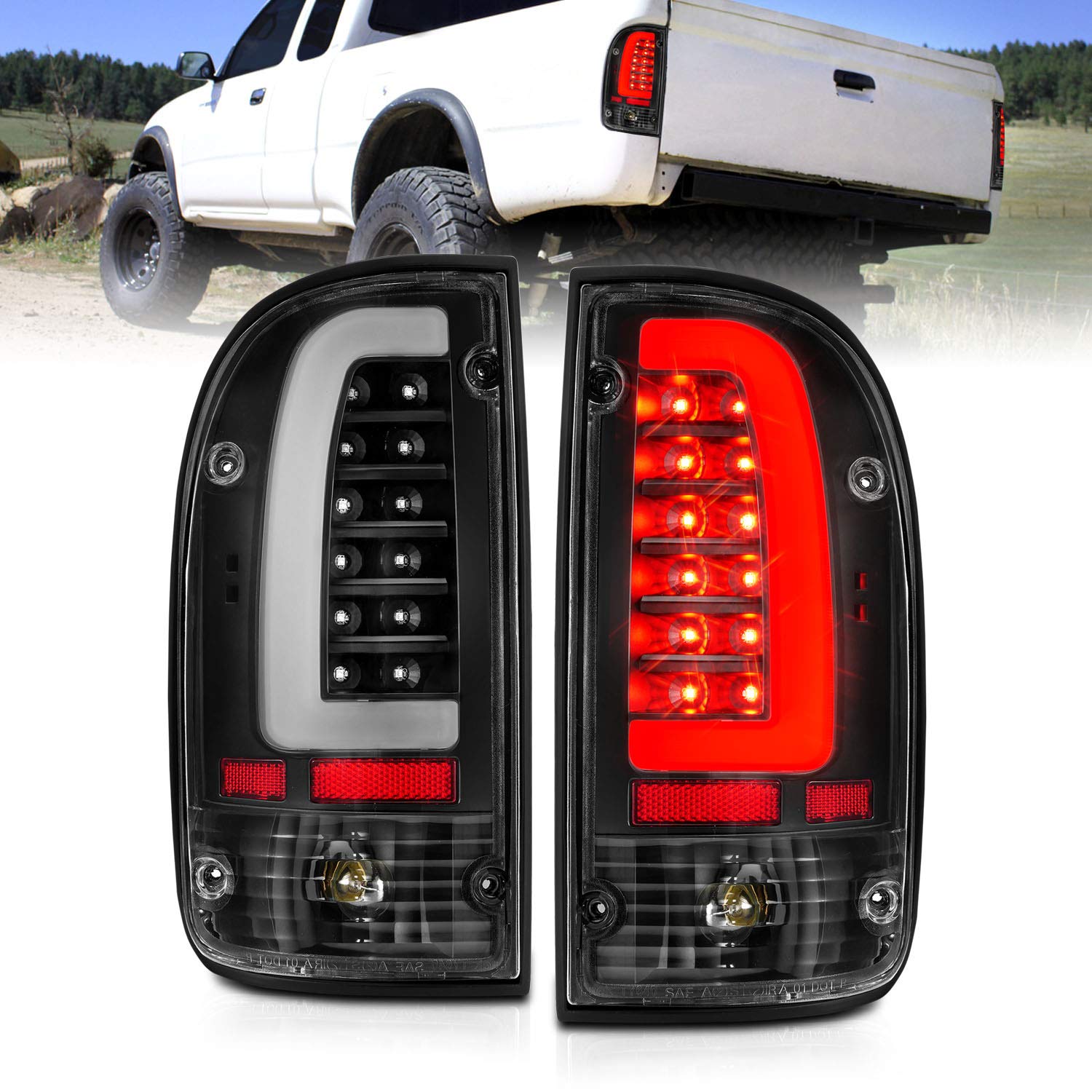 AmeriLite for 1995-2000 Toyota Tacoma Pickup C-Type LED Tube Black Replacement Tail Light Brake Lamp Set - Driver and Passenger Side