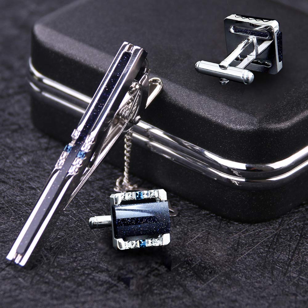 Shinning Galaxy Stone Manschettenknöpfe und Krawattenklammer-Set mit Geschenkbox und Grußkarte, Strip Galaxy Dark Blue Manschettenknöpfe und Krawattenklammer-Geschenkset für Herren