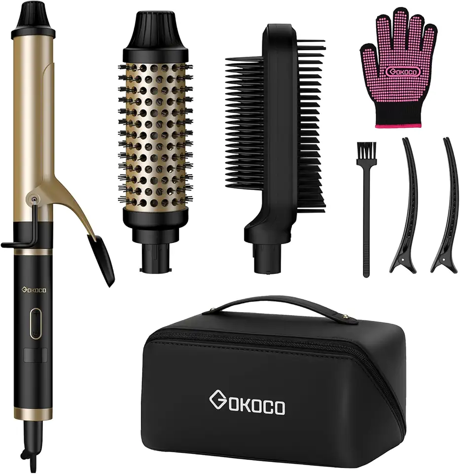 Kit Modelador Profissional, Bivolt 127V-220V GOKOCO GD034 Preto – Pente Alisador com 6 Temperaturas, Escova Cachos 38mm e Modelador 15cm, Dupla Voltagem, Ajuste NTC, Uso Seguro
