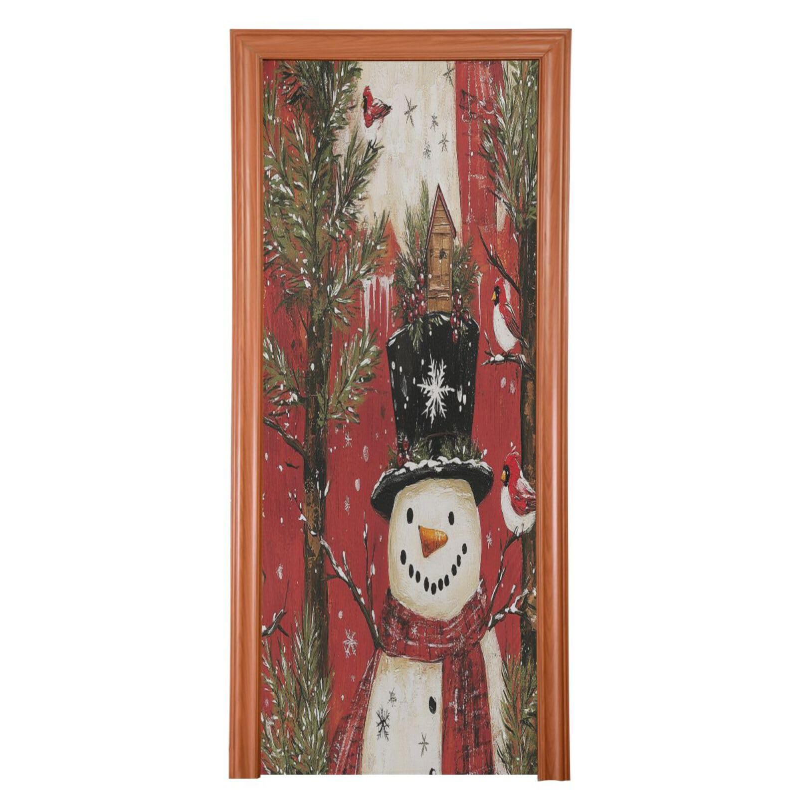 J JOYSAY Red Christmas Snowman Trees Door Decorations Door Cover Christmas Decorations Large Fabric Christmas Front Door Cover Decoration for Christmas Party,35x79 in