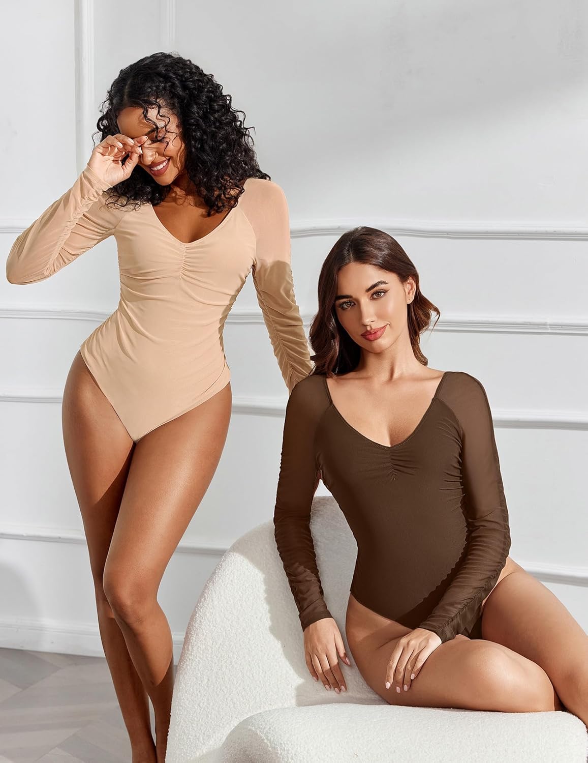 Avidlove Long Sleeve Bodysuit for Women Sexy V Neck Mesh Ruched Shapewear Body Suits Going Out Leotard Tops - Image 4
