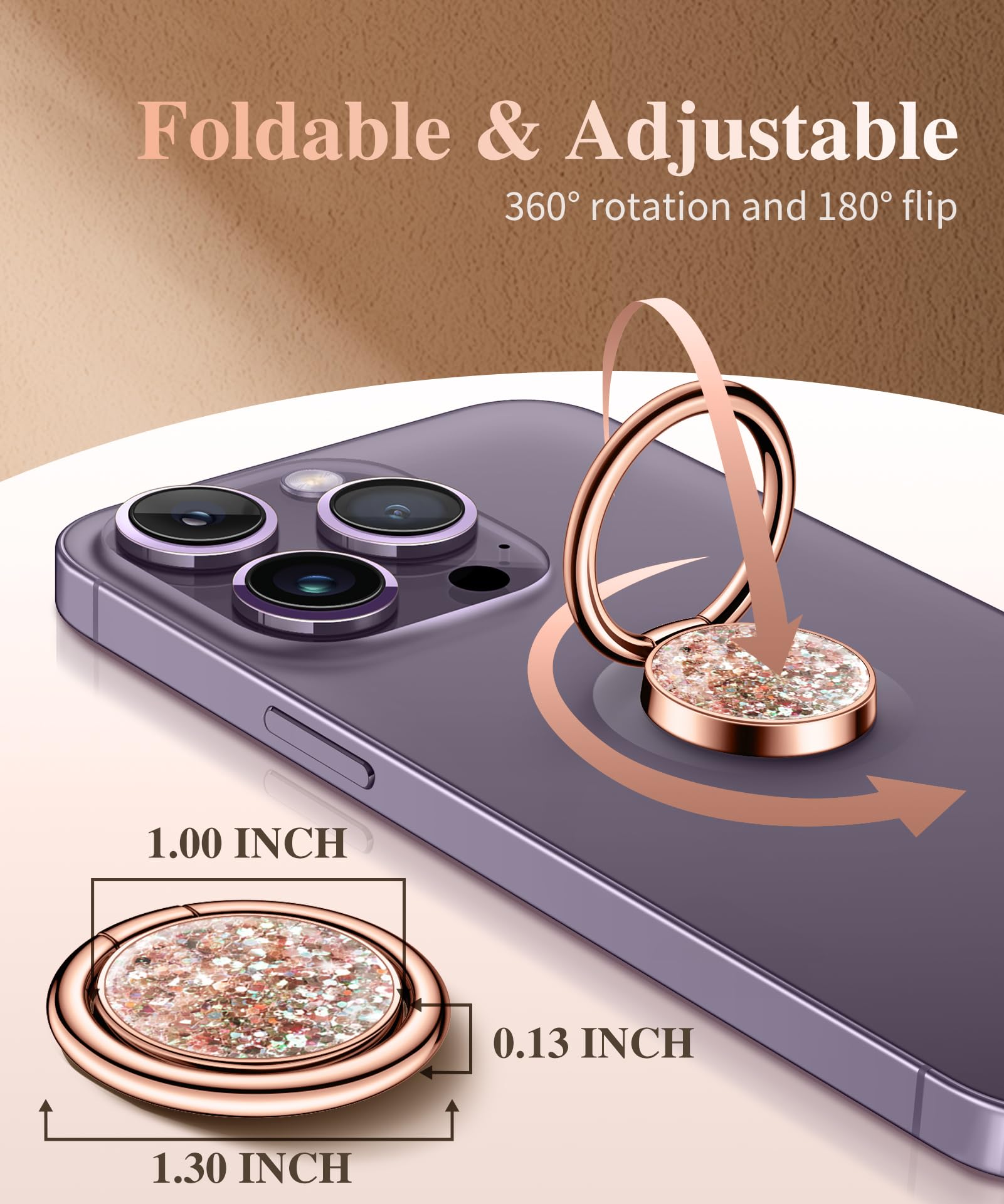 GVIEWIN Glitter Cell Phone Ring Holder, Metal Kickstand Grip 360° Rotation Compatible with iPhone 15 Pro Max/15 Plus/14/13/12 Series & Galaxy S24/S23 Ultra and Other Phones(PinkGold Glitter)