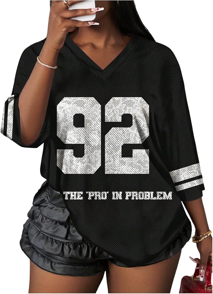 WDIRARA Women's Oversized Jersey Shirts Number Graphic Tee V Neck