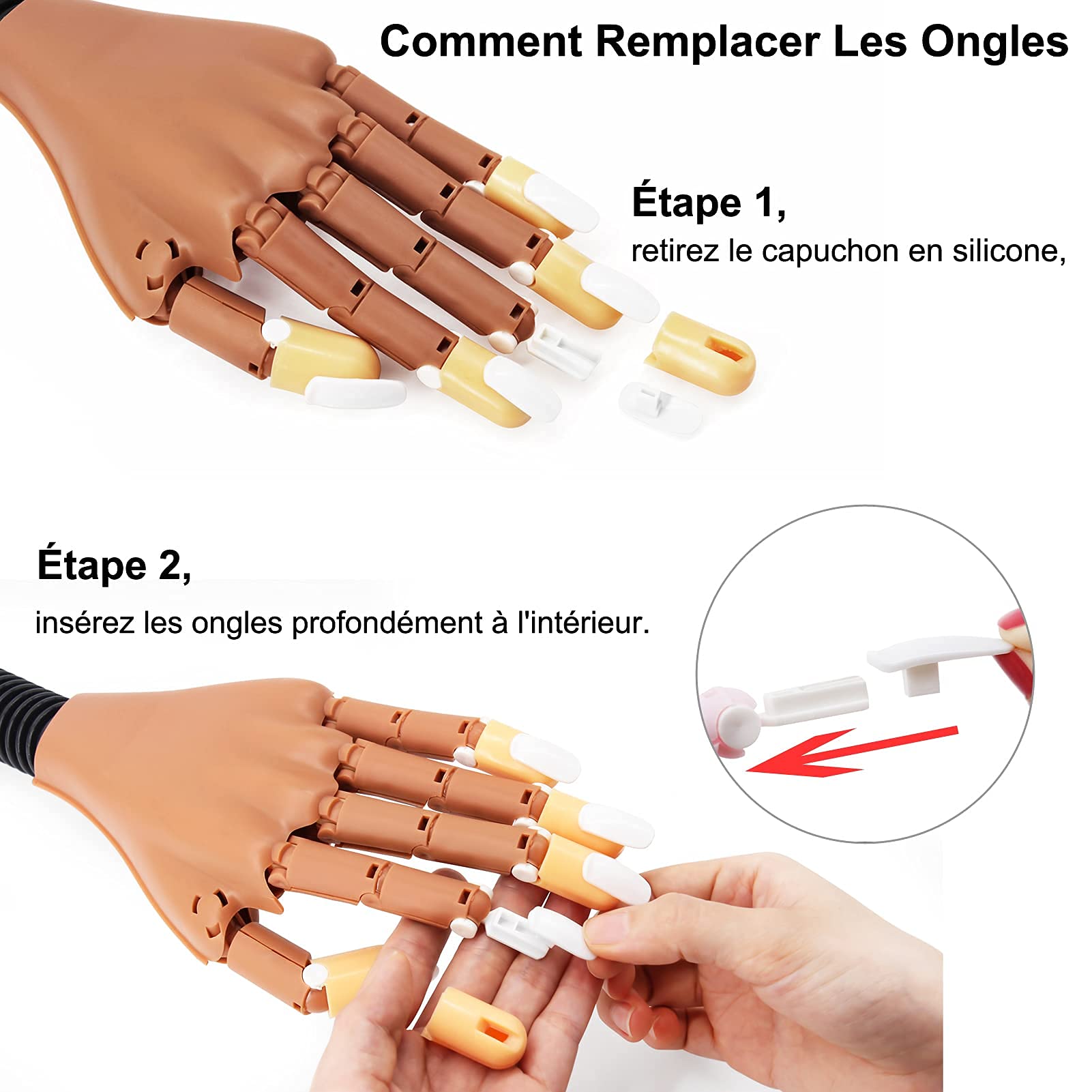 Pratique Faux Nail Art, Mains et Doigts d'entraînement Flexible + 400 pièces Pointes d'ongles Remplaçables (Marron)