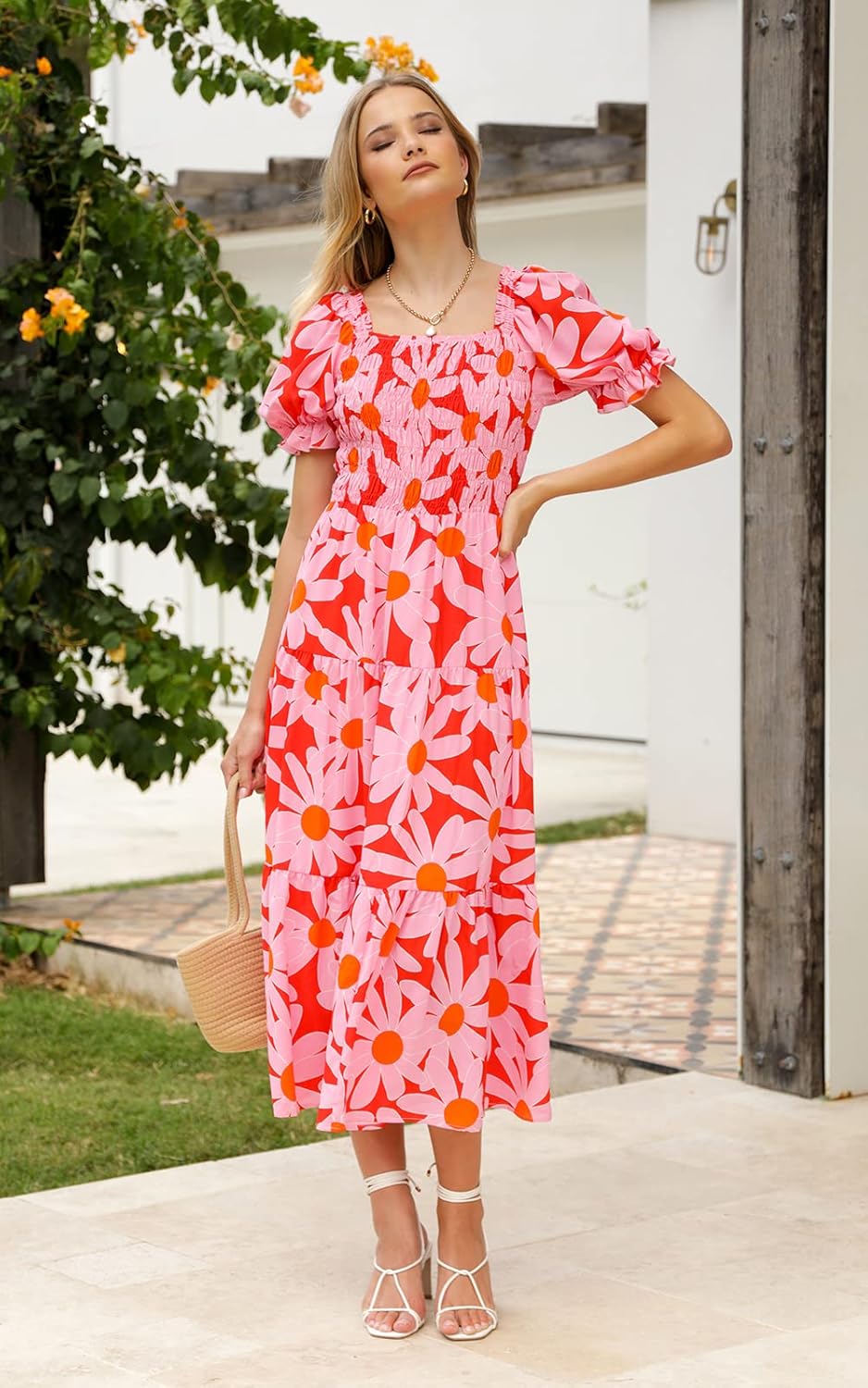 PRETTYGARDEN Women's Boho Floral Print Summer Dresses Square Neck Puff Sleeve A Line Long Dress Smocked Casual Maxi Dress - Image 6