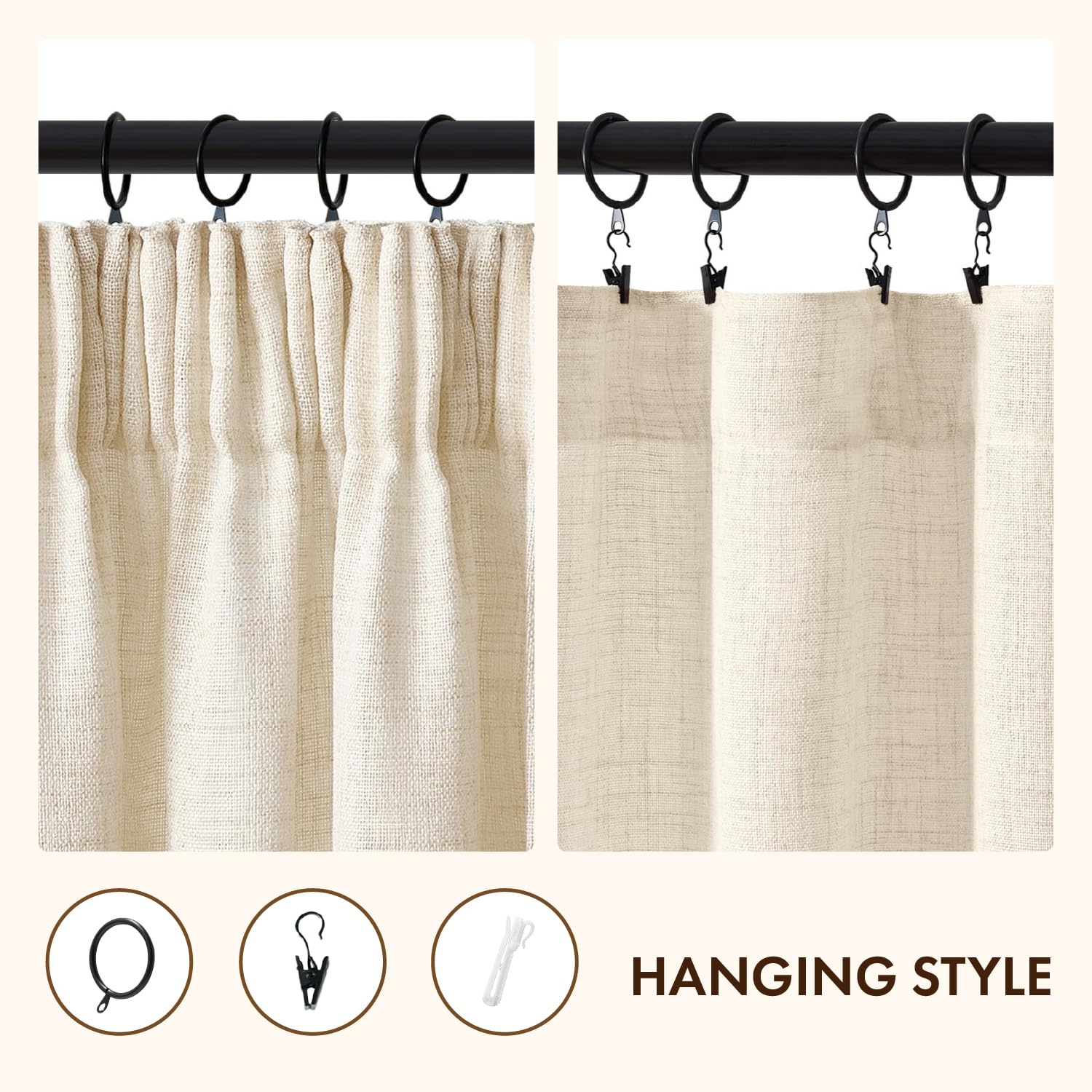 MIULEE Rideaux Aspect Lin Beige avec Ruban Lot de 2 140x260 cm | Tissu aspect lin semi-transparent pour salon et chambre; ruban pour une pose facile.