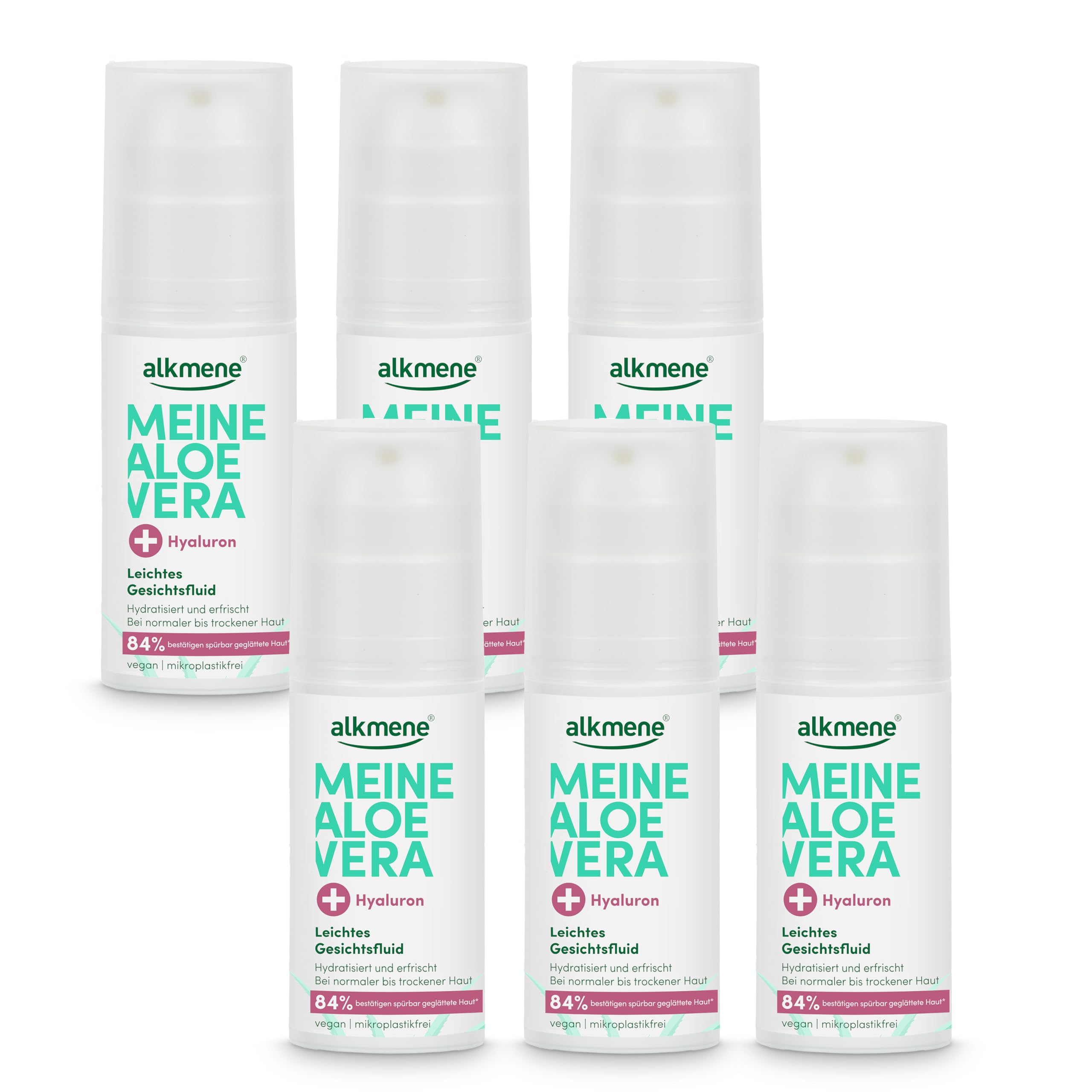 alkmene Aloe Vera Gesichtsfluid mit Hyaluron 6x 50 ml - vegan | Aloe Vera Gel Gesicht für normale bis trockene Haut - Feuchtigkeitscreme - Gesichtscreme, Alea Vera Gel, Aloeveragel