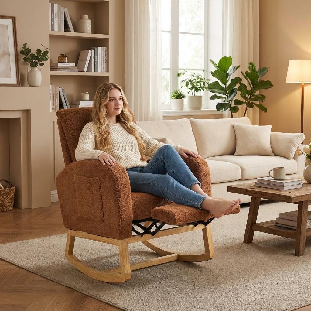Aptliton Modern Upholstered Rocking Chair, High Back Recliner with Adjustable Footrest, Soft Cushioned Seat & Side Pocket, Sturdy Wood Frame Accent Lounge Chair for Living Room, Nursery & Bedroom