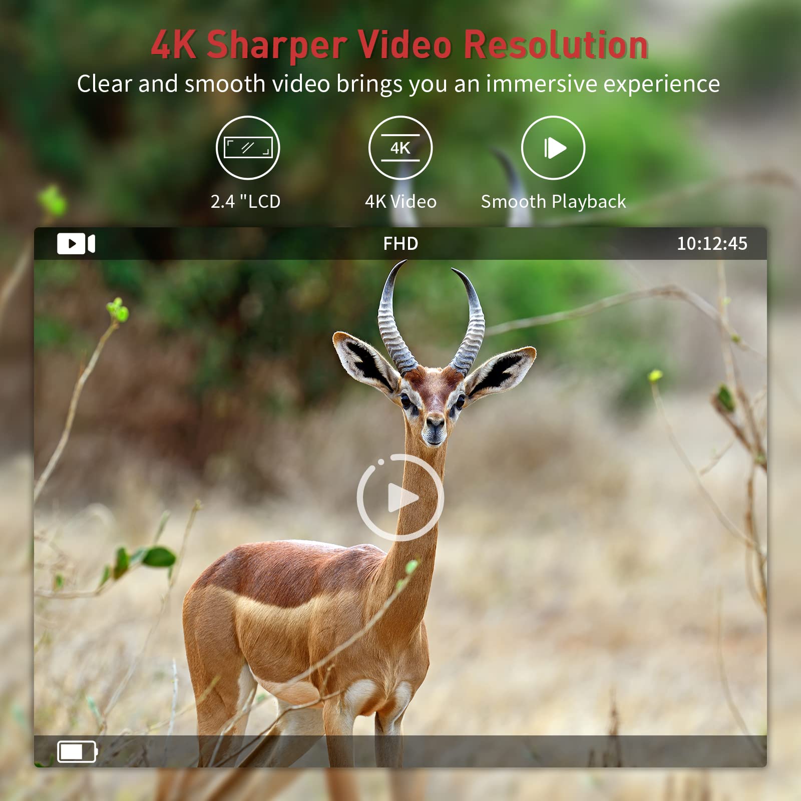 VANBAR Trail Camera video playback screen showing a gazelle, highlighting 4K resolution