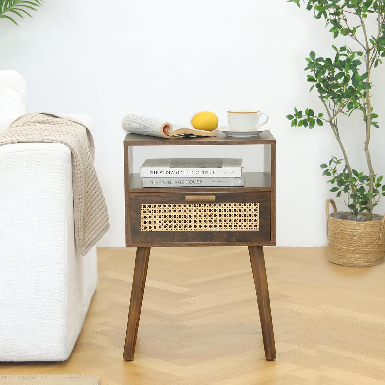 Mesita de noche de mediados de siglo, mesa auxiliar de ratán con cajón, mesita de noche moderna de madera para dormitorio, sala de estar y espacios pequeños (marrón rústico) 2