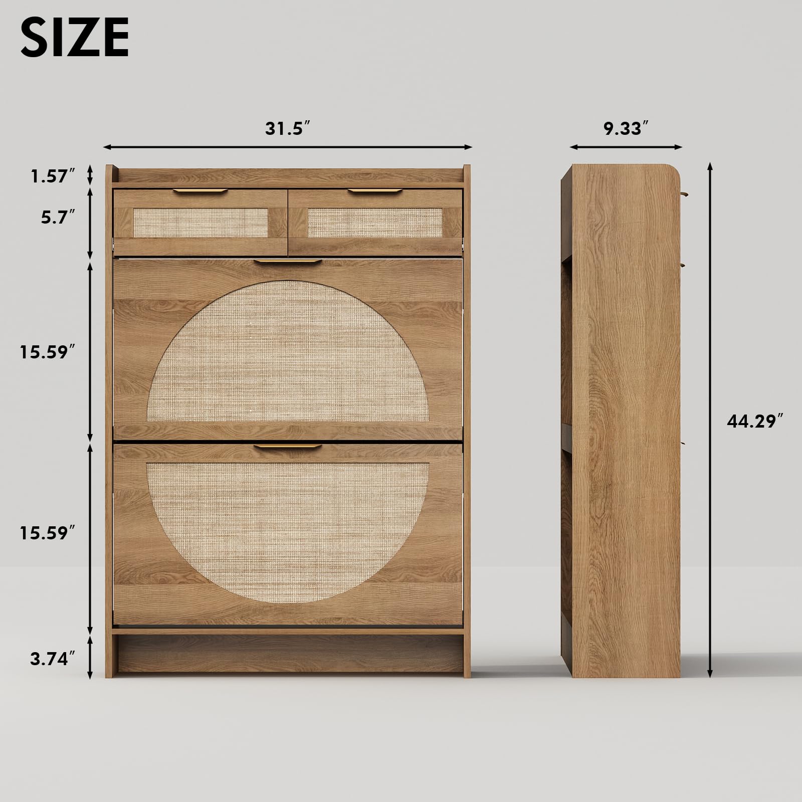 WINWY Rattan Shoe Storage Cabinet with 2 Flip Drawers & 2 Drawers, Freestanding Organizer for Front Door Entrance, Hidden Narrow Shoe Rack Cabinet Storage for Entryway, Rustic Oak Rattan