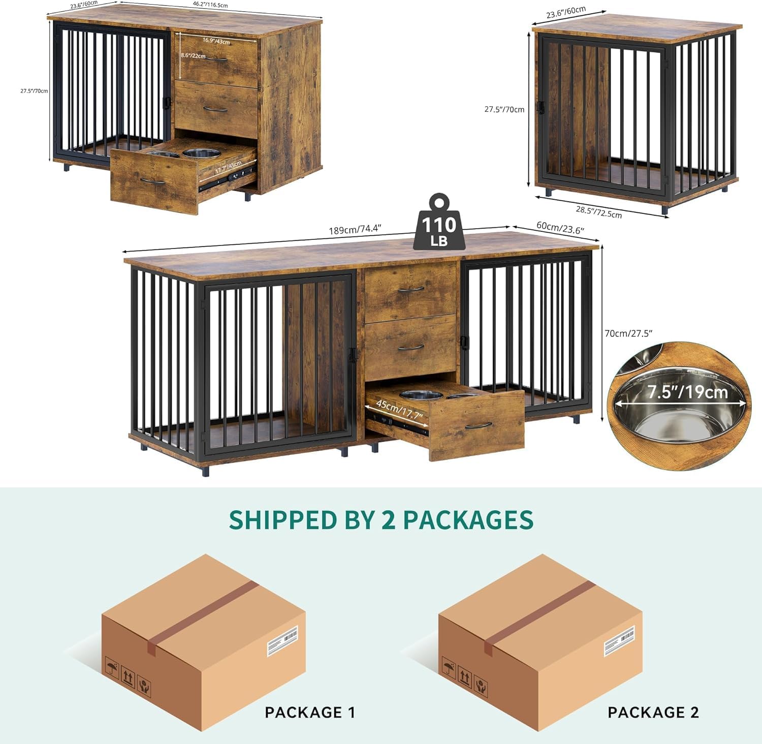 YITAHOME 74" Double Dog Crate Furniture with 2 Feeder Bowls, Wooden Dog Kennel TV Stand with Room Divider for 2 Large Medium Small Dogs, Rustic Brown